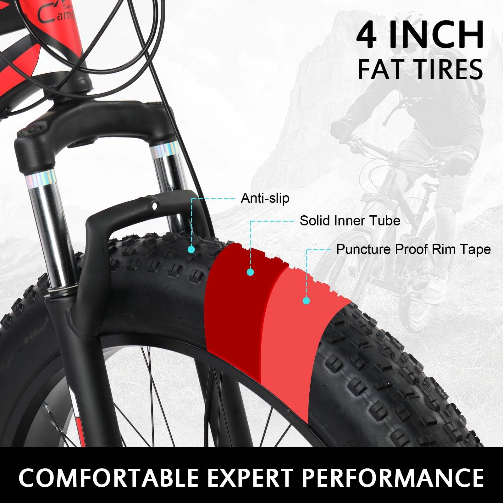 Camping Survival 26in Fat Tire Mountain Bike, 21-Speed Shimano Drivetrain, High Carbon Steel Frame (Red/Black, 26 in) o2xjj