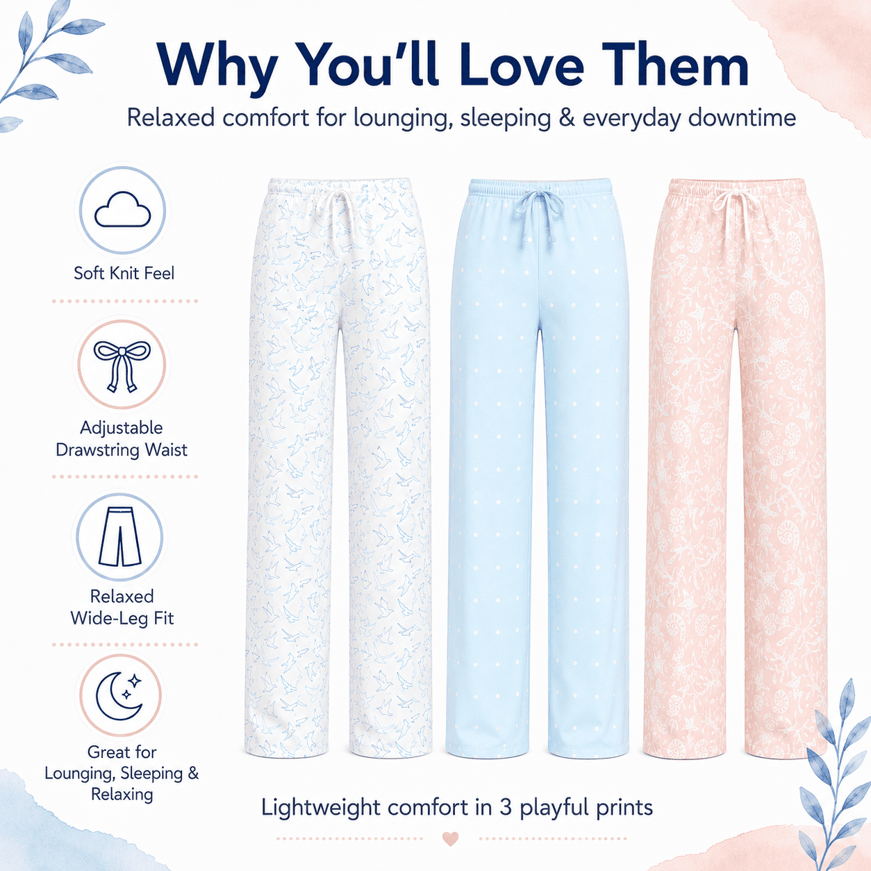 Daresay Women’s Lounge Pants 3-Pack, Soft Stretch Pajama Bottoms with Adjustable Drawstring Waist (Blue, S) l1i9e