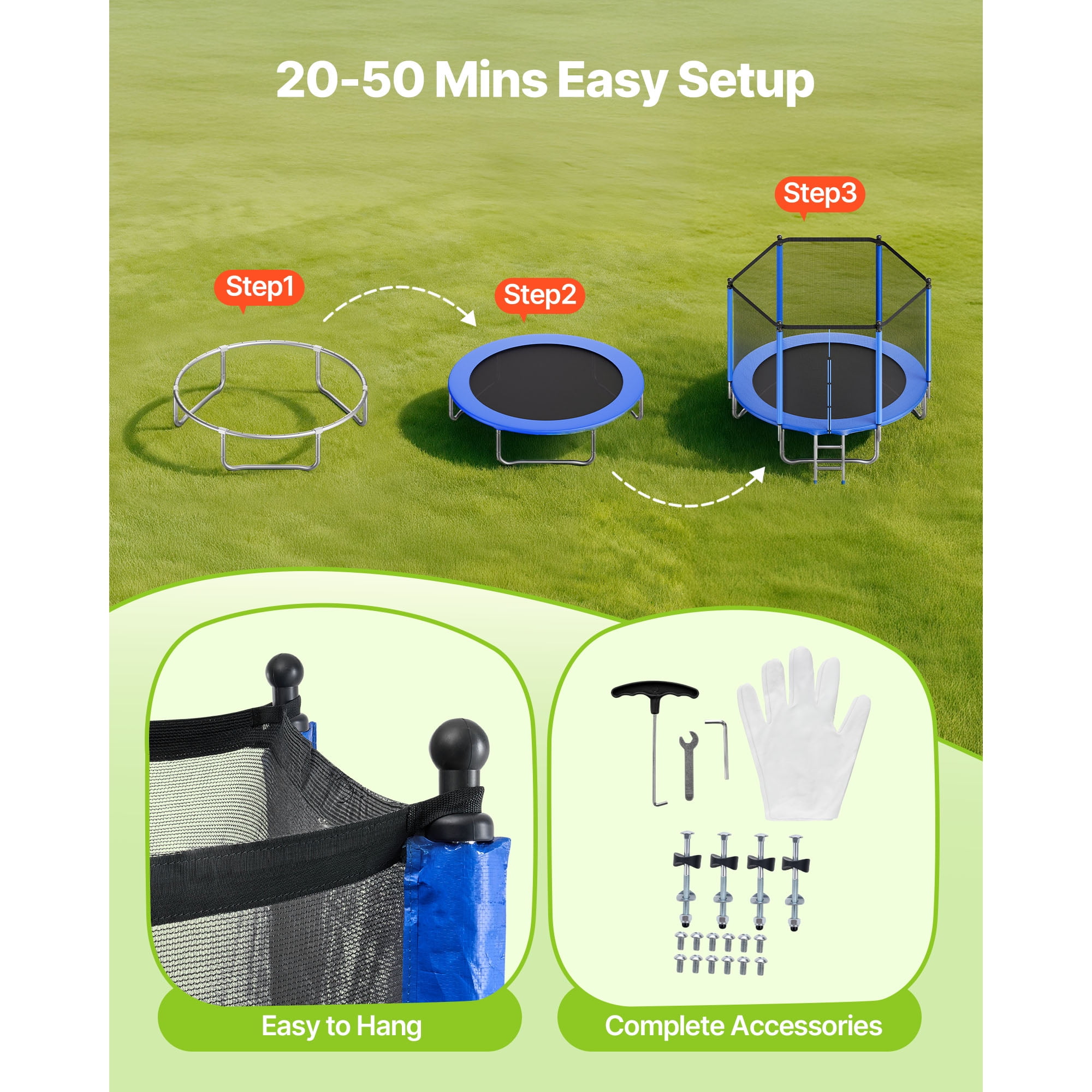 KFFKFF 8ft Outdoor Trampoline with Safety Enclosure, Rust-Resistant Steel Frame, High-Bounce Recreational Set (Black, 8ft) whsg3