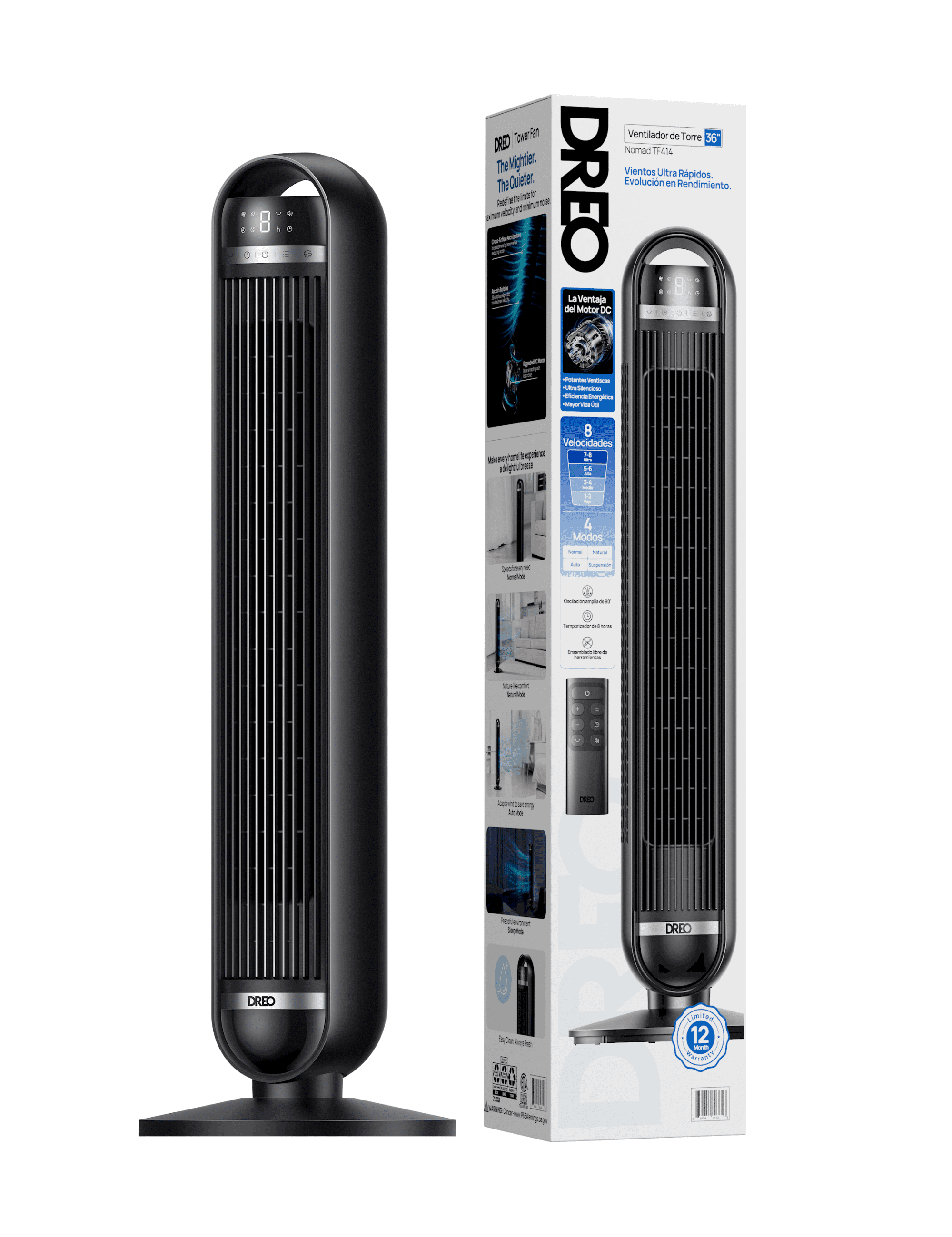 DREO Nomad DC Tower Fan, Quiet Oscillating Floor Fan with Remote Control (Black, 36 in) v825l