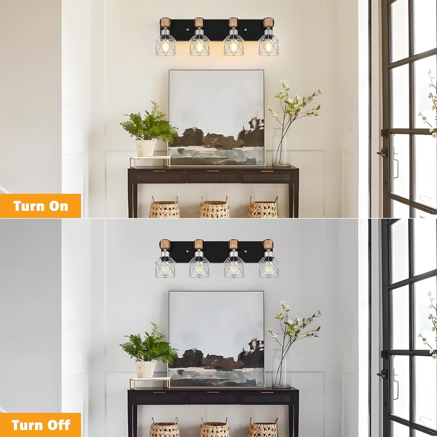 Licperron 4-Light Farmhouse Vanity Lighting, Rustic Wood and Metal Cage Wall Sconce (Black, 25.6 in) 4tl37