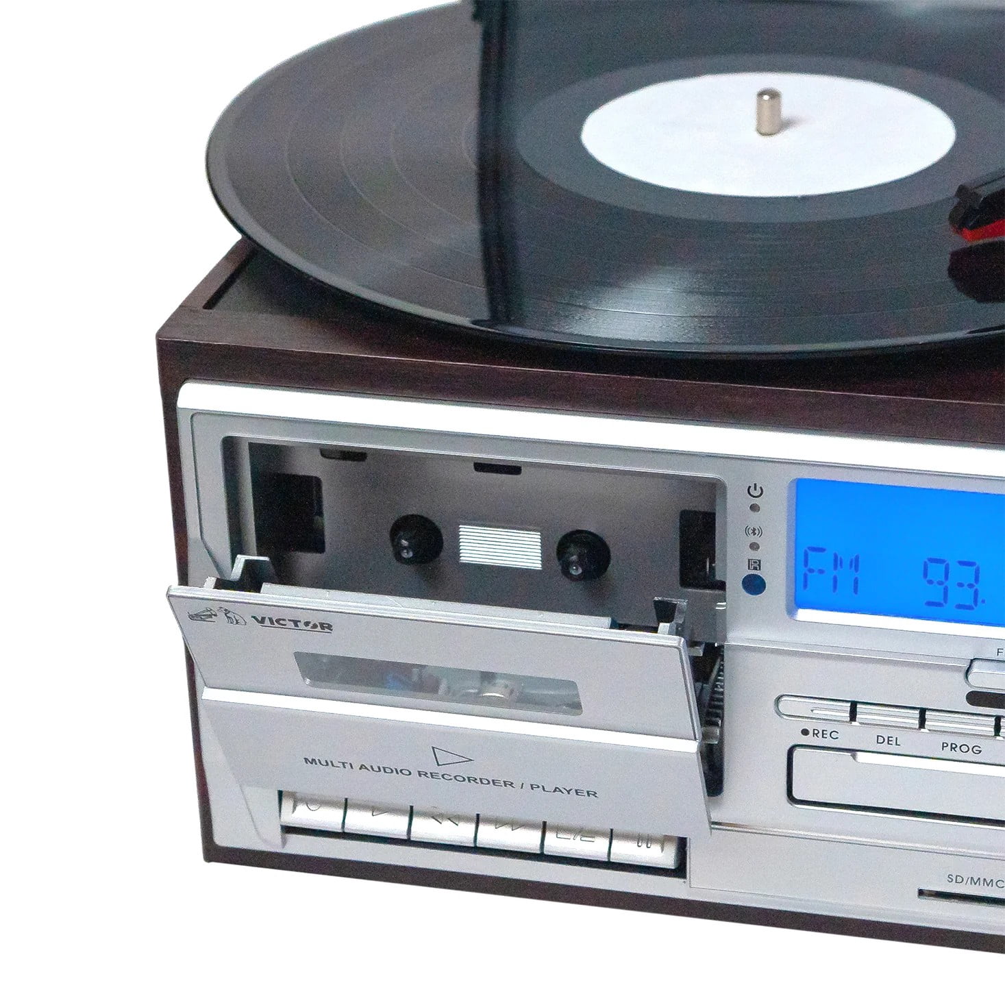 Victor Cosmopolitan 8-in-1 Turntable Music Center with 3-Speed Record Player, Bluetooth, and USB Recording (Brown, 1 Unit) sb4rb