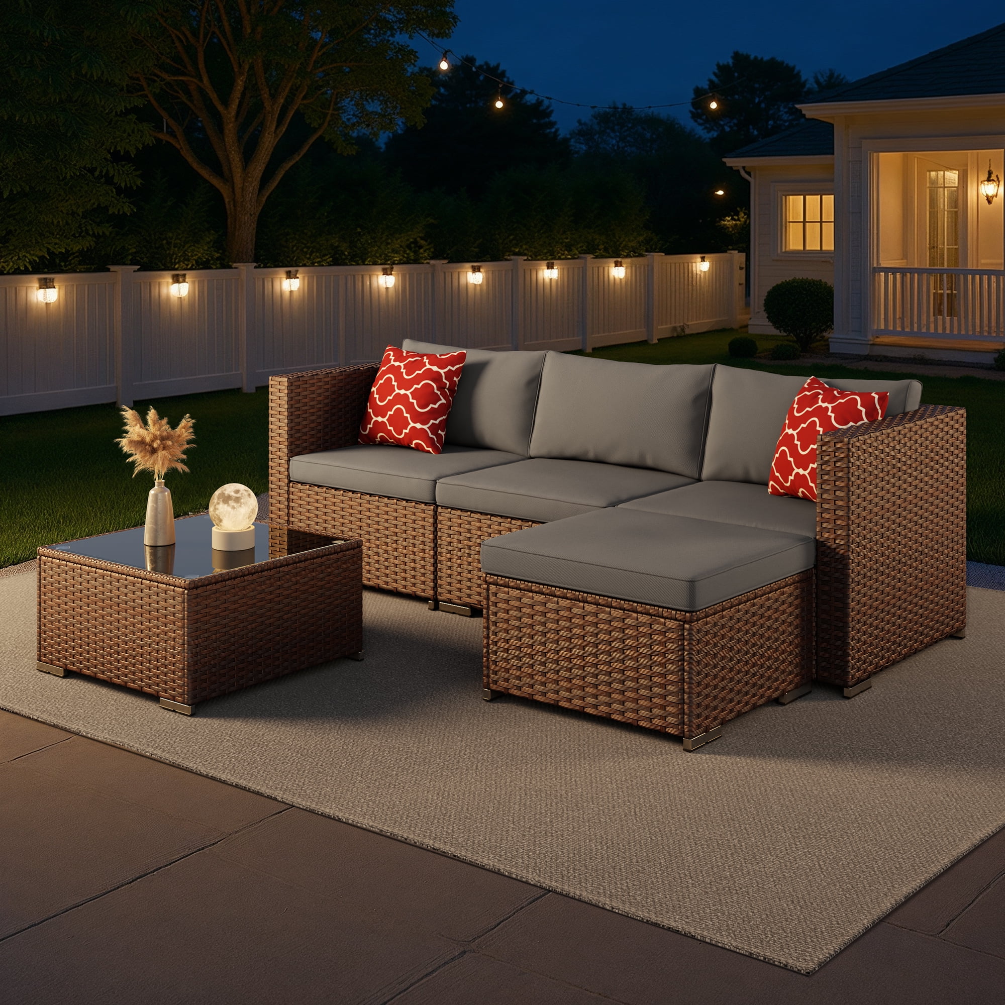 Asofer 5-Piece Outdoor Sectional Sofa Set with Glass Coffee Table and Cushions (Gray, 85 in x 52 in x 25 in) wh9kt