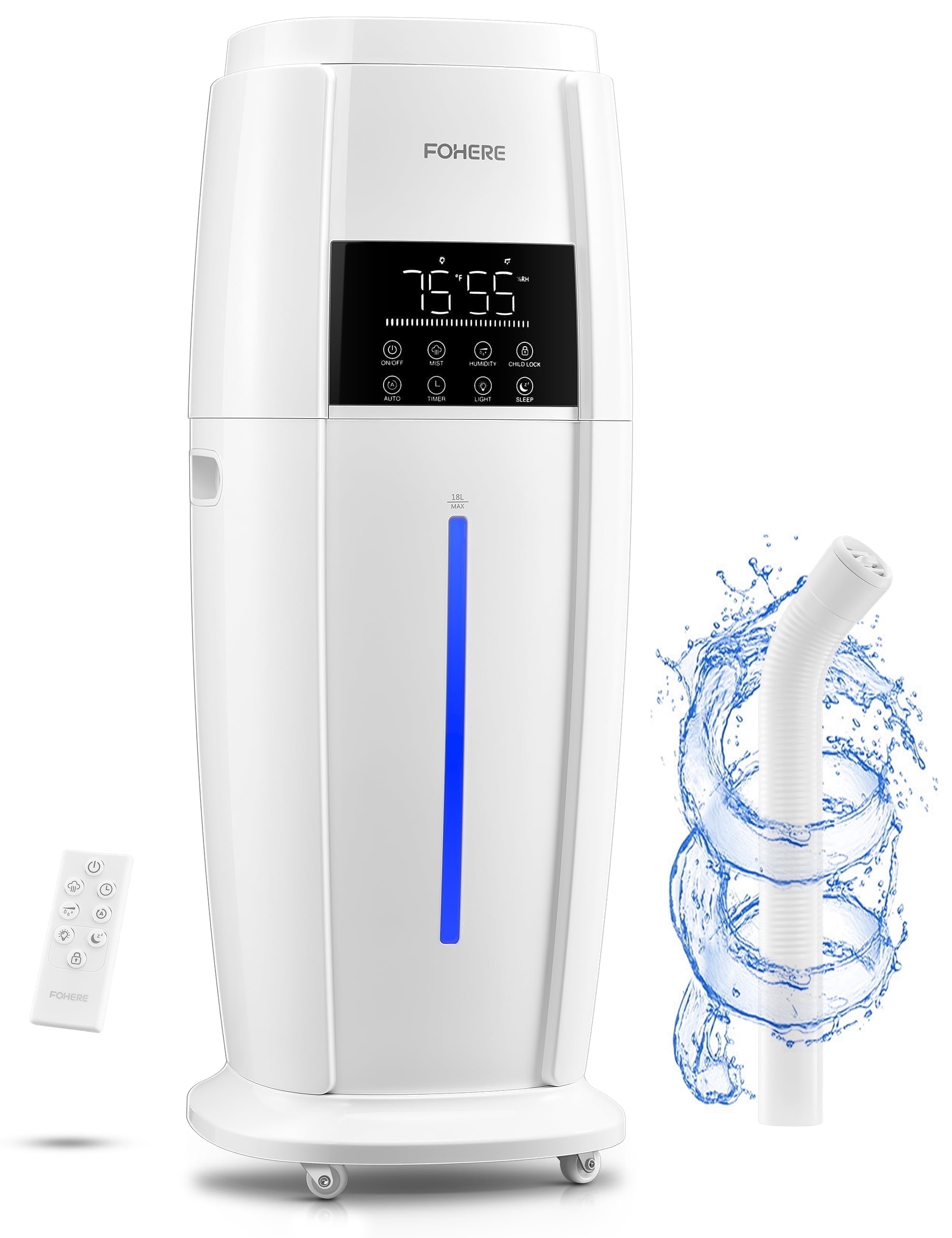FOHERE Cool Mist Tower Humidifier for Large Rooms, Whole House Ultrasonic Humidifier with Remote Control (White, 4.8 gal) 29esc