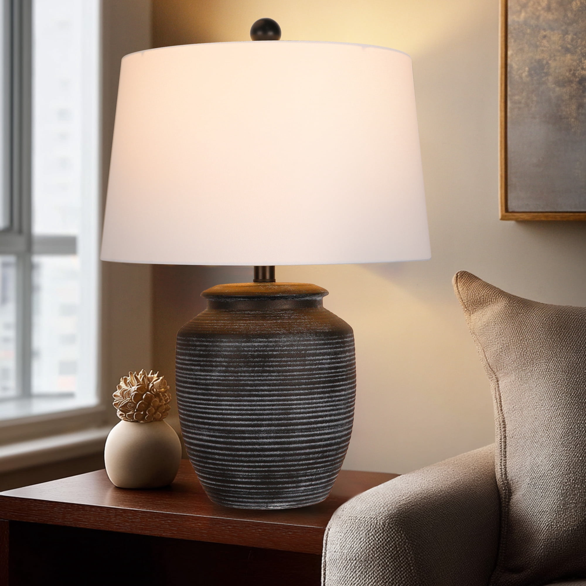 SparkGlowy Rustic Ceramic Pot Table Lamp for Bedroom and Living Room (Black, 28 in) vwn43