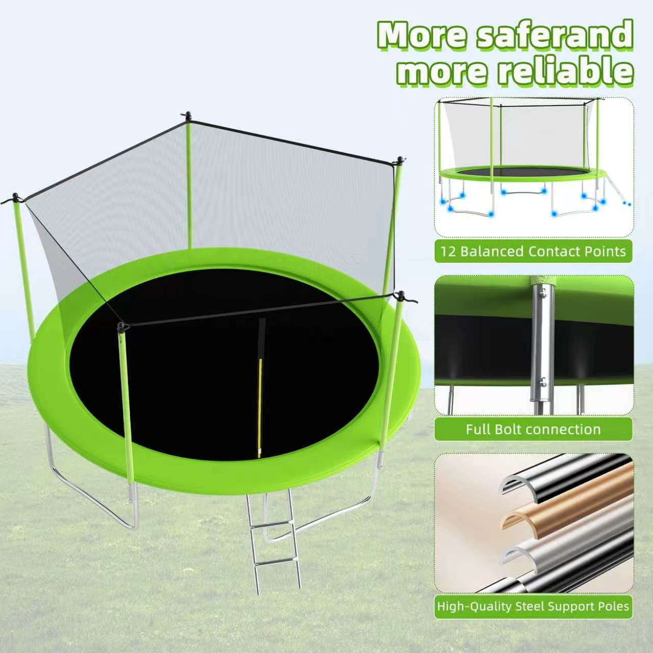 Ovatoys 14ft Recreational Trampoline with Safety Enclosure, Basketball Hoop, Ladder, and LED Lights (Green, 1400 lb Capacity) 3g0xs