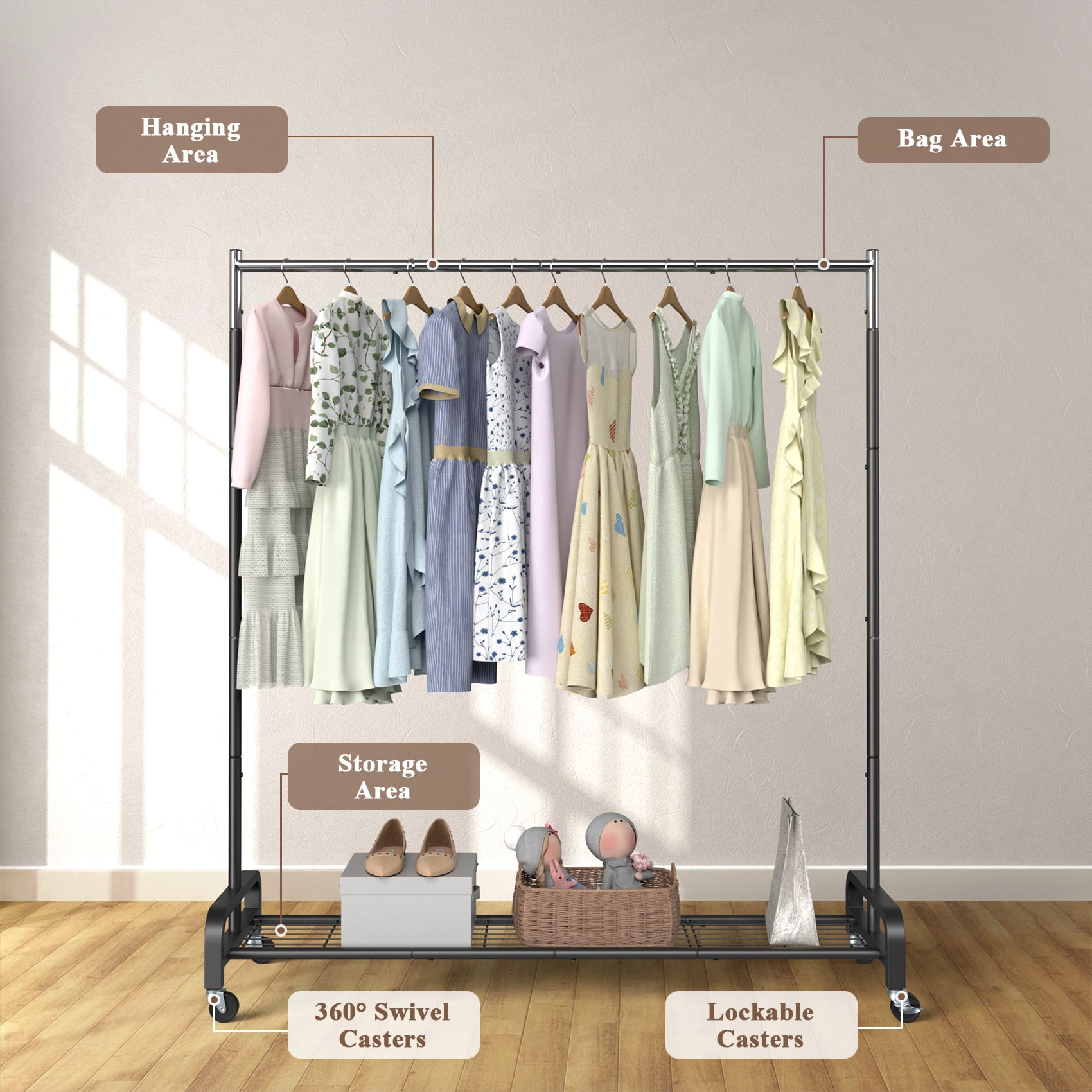 Mr IRONSTONE Heavy Duty Rolling Clothes Rack with Shelves, Portable Garment Organizer (Black, 400 lb) 47hdr