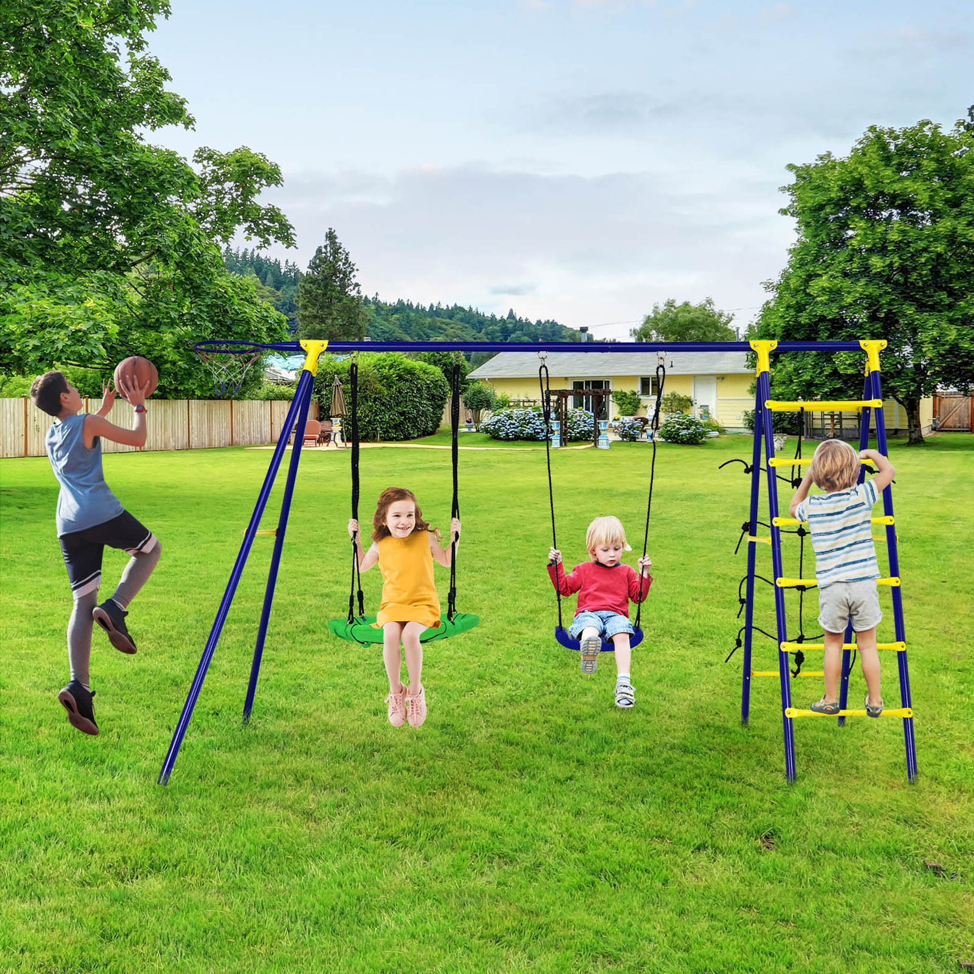 Gymax 5-in-1 Kids Outdoor Swing Set with Basketball Hoop and Climbing Ladder (Blue) y2tza