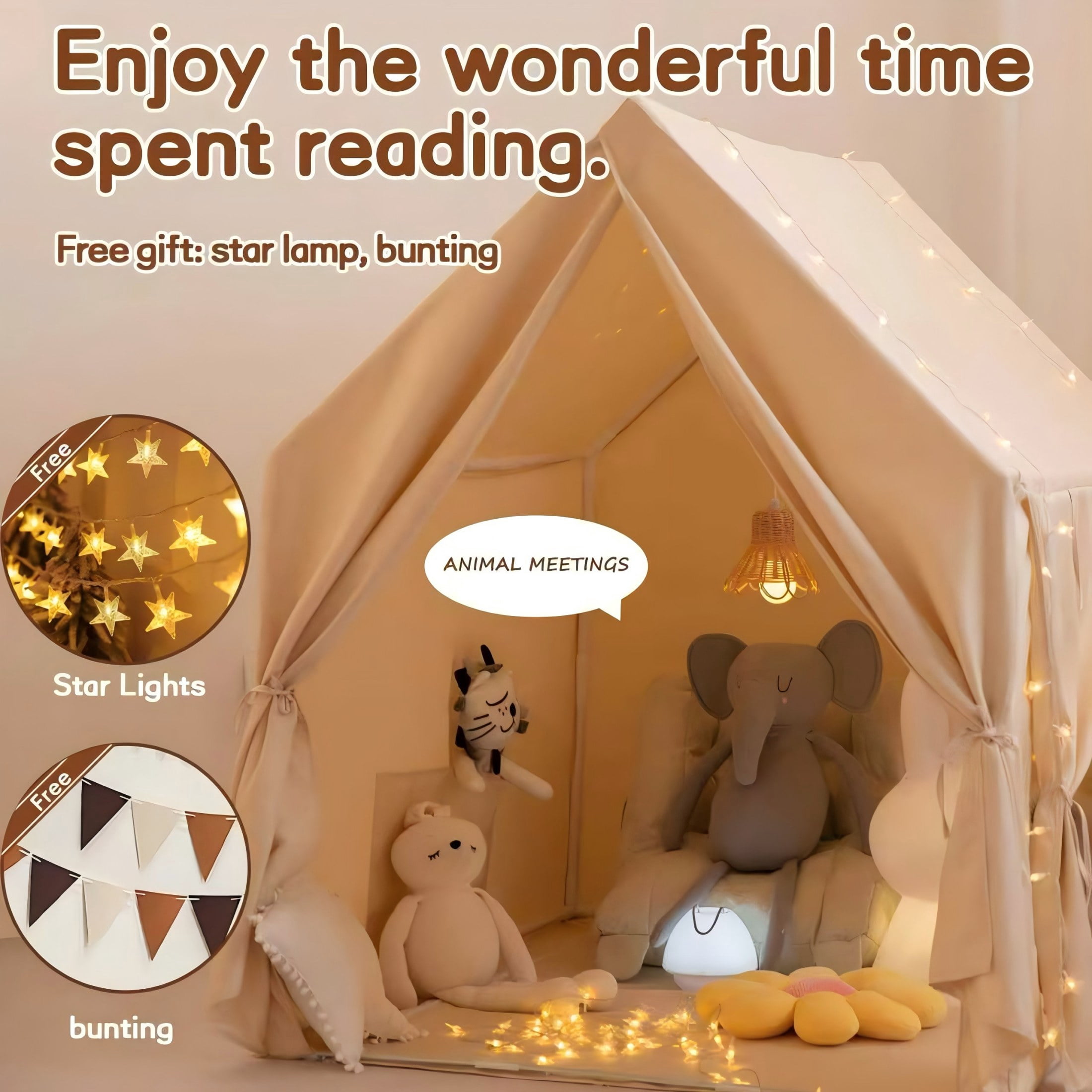 KOPPOP Toddler Playhouse Indoor Outdoor Play Tent with Star Lights (Beige, 50 in x 33 in x 48 in) ocetu