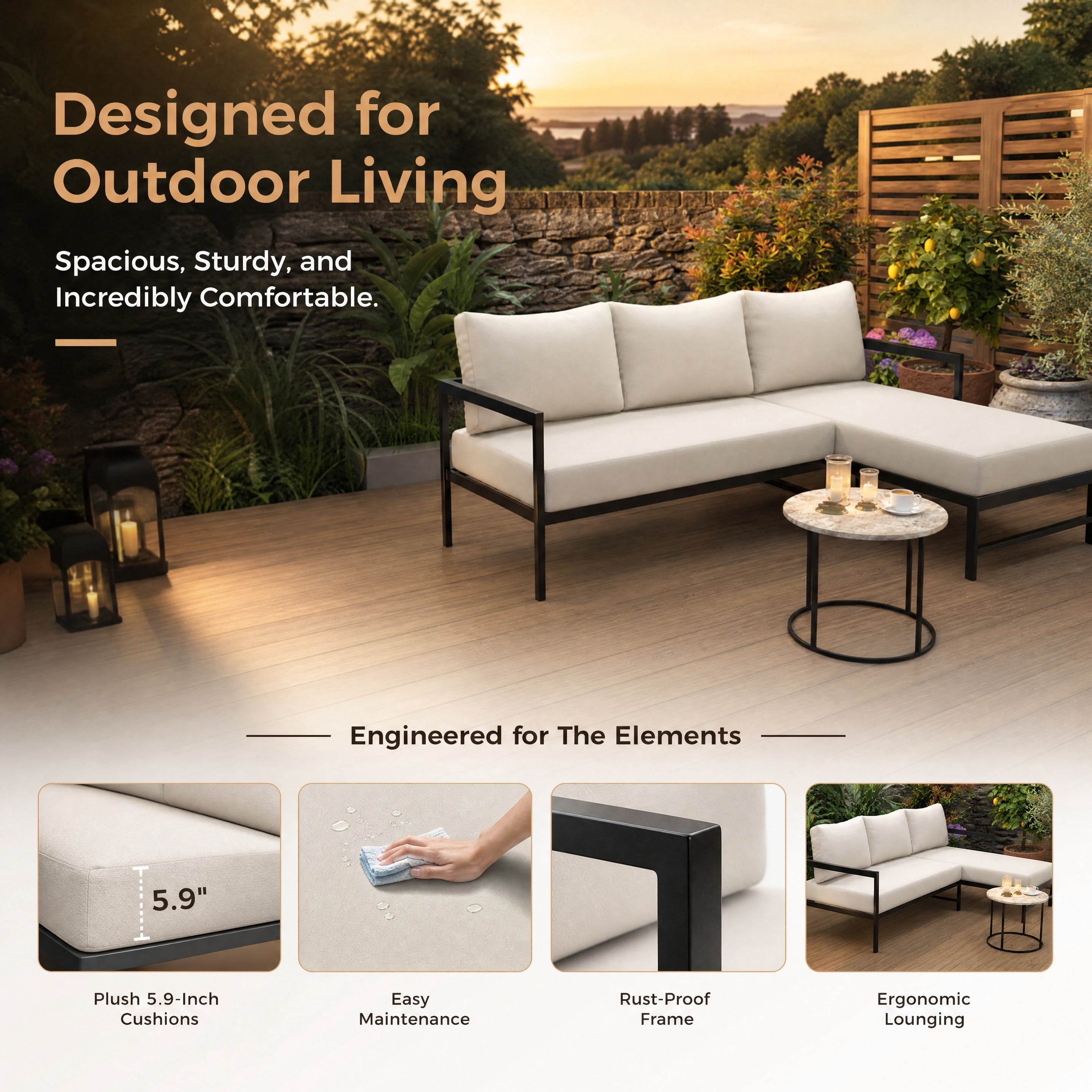 Cozynest L-Shaped Outdoor Patio Sofa Set, Weather-Resistant Iron Frame Sectional Couch with 5.9 in Thick Cushions (Beige, 3-Seat) 67d8m