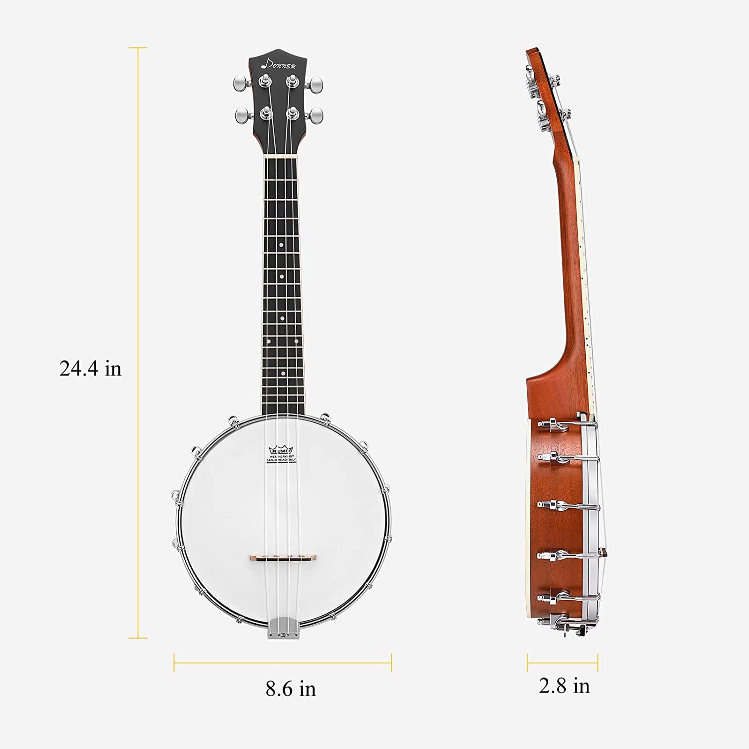Donner DBU-200 Banjolele 4-String Concert Banjo Ukulele with Remo Drumhead and Starter Accessory Kit (23 in) 2c84l