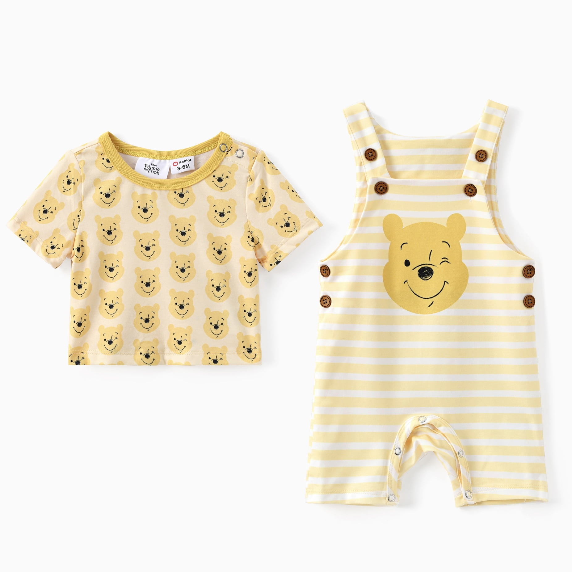 Disney Winnie the Pooh Baby 2-Piece Graphic Tee and Striped Overall Set (Yellow, 0-3 Months) fc9vu