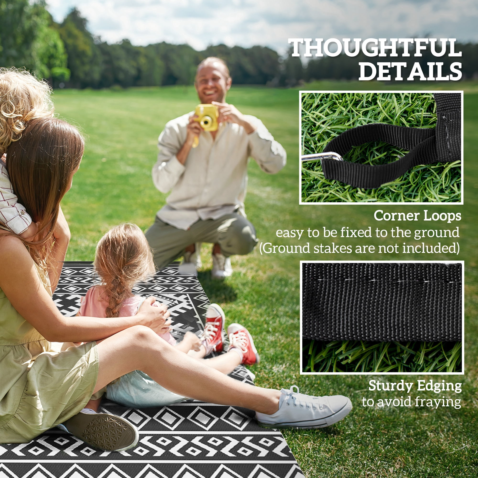 Outsunny Outdoor Patio Rug, Reversible Waterproof Camping Carpet for RV and Garden (Black & White, 9 ft x 18 ft) hr99e