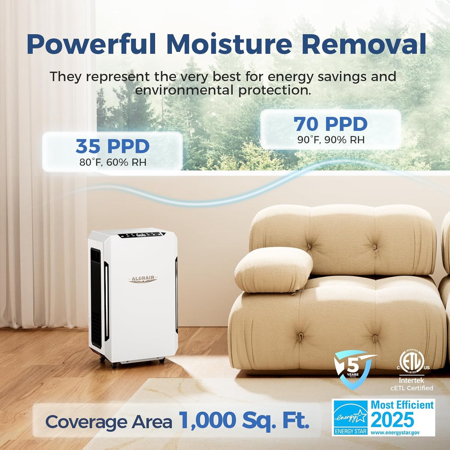 AlorAir 70 PPD Commercial Dehumidifier with Built-in Pump, SLGR Tech for Basements and Large Spaces (White, 1000 Sq. Ft.) i9req