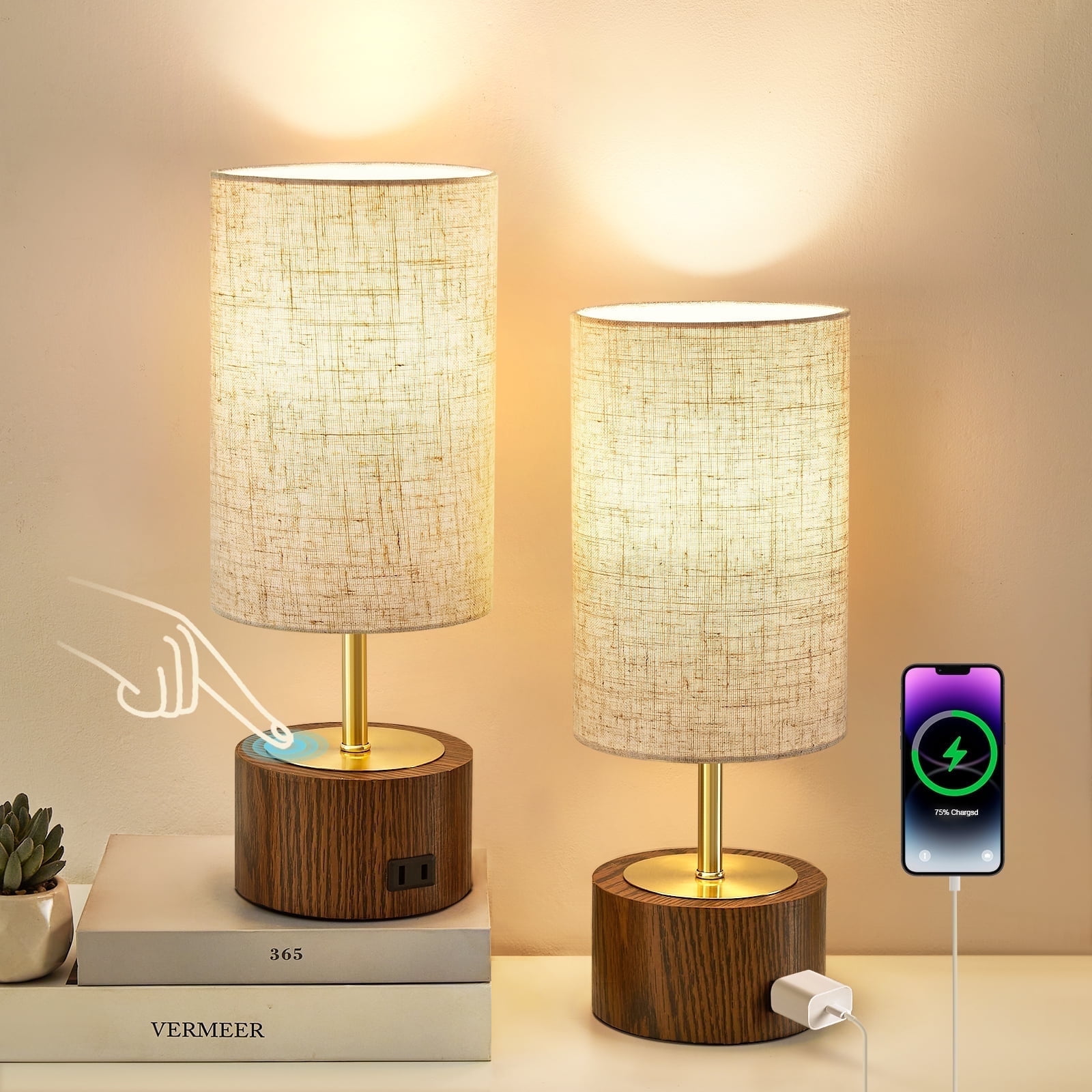NATYSWAN Modern Touch Control Table Lamps with USB Charging Ports (Oatmeal, Set of 2, 14 in) b439w