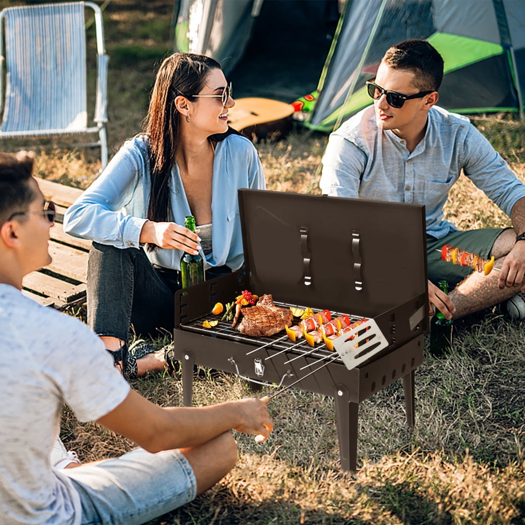 GORTES Portable Charcoal Grill with Lid, Folding Barbecue Smoker for Patio and Camping (Black, 17 in x 17 in) 942up