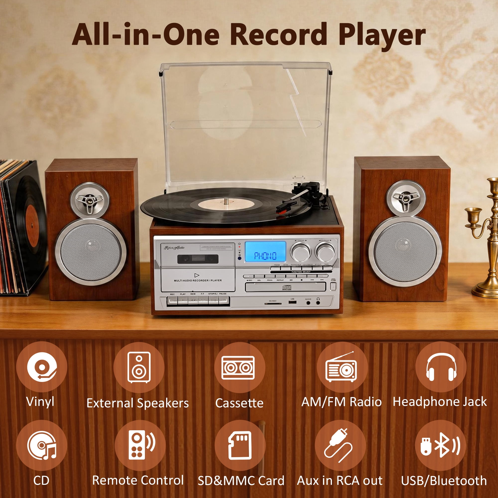 RetroAudio 10-in-1 Vintage Turntable System with Dual External Speakers, Bluetooth Connectivity, CD and Cassette Player (Brown) ltp6i