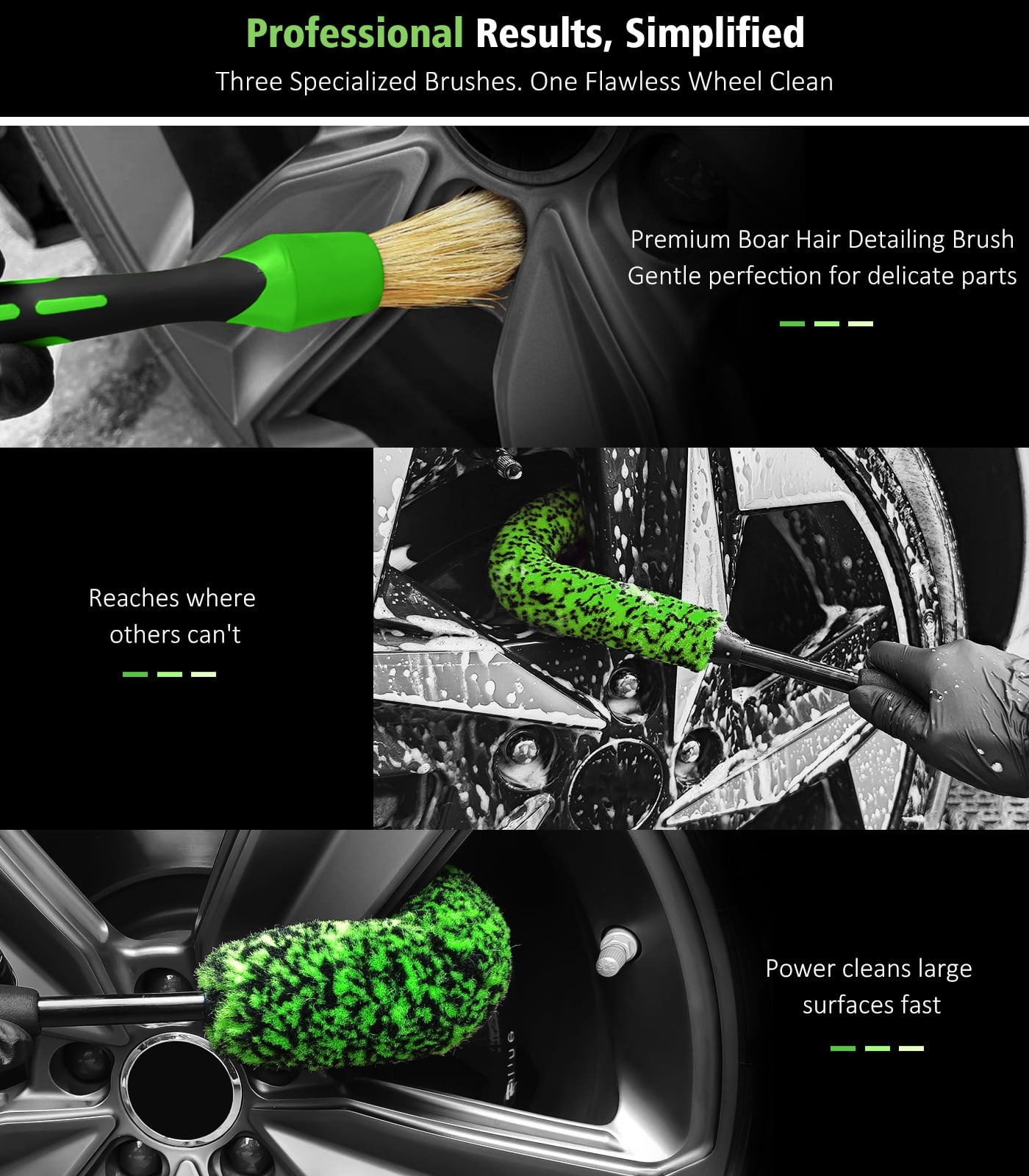 YeewayVeh 3-Piece Car Wheel Cleaning Brush Kit, Scratch-Free Rim Detailer Set (Green, 3-Piece Set) ke32n
