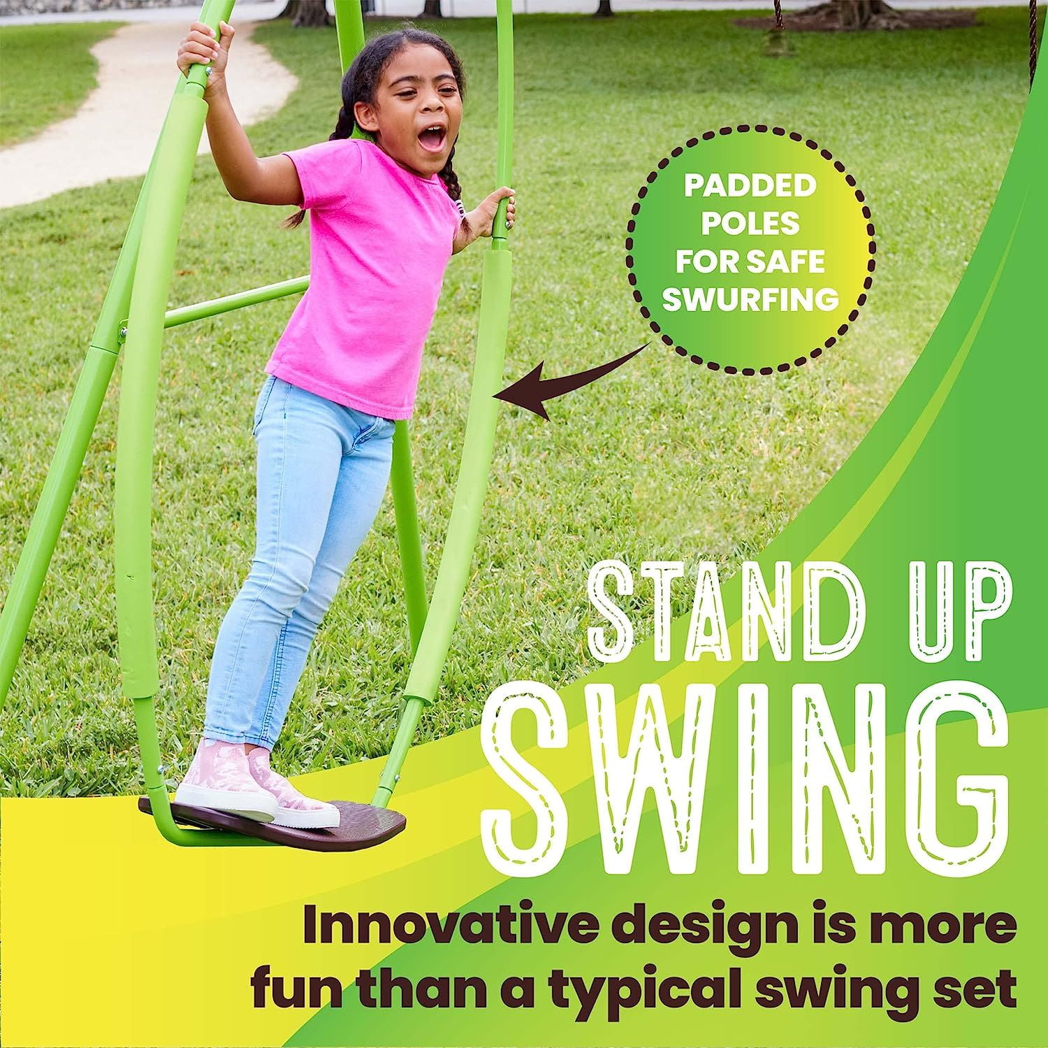 Swurfer Steel Triple A-Frame Swing Set with Slide and Multiple Swings (Green, 1 Set) 79nkz