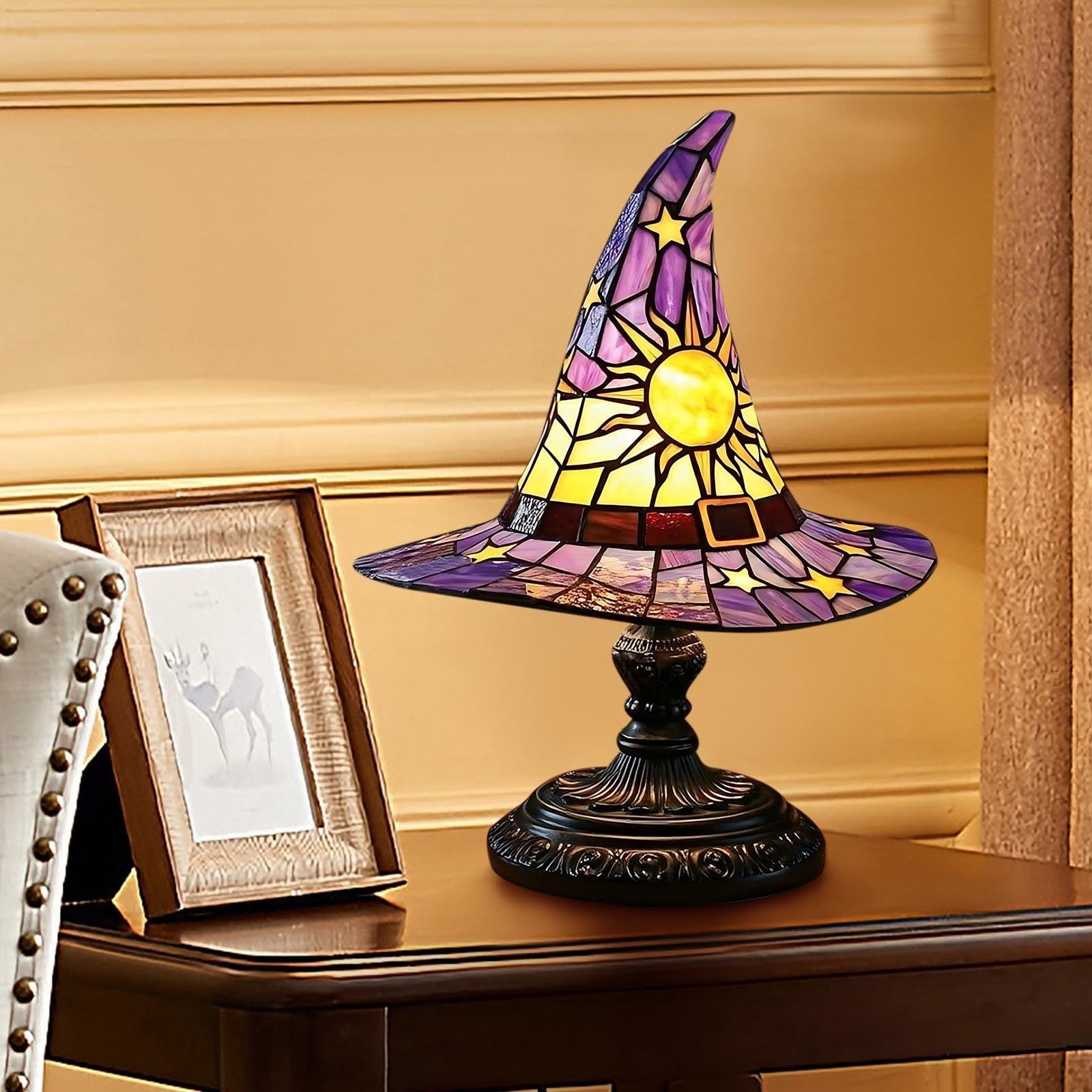 Outtop Halloween Witch Hat Stained Glass Table Lamp, Tiffany-Style LED Night Light with Sun and Star Motifs (Purple, 7.09 in) i3tdw