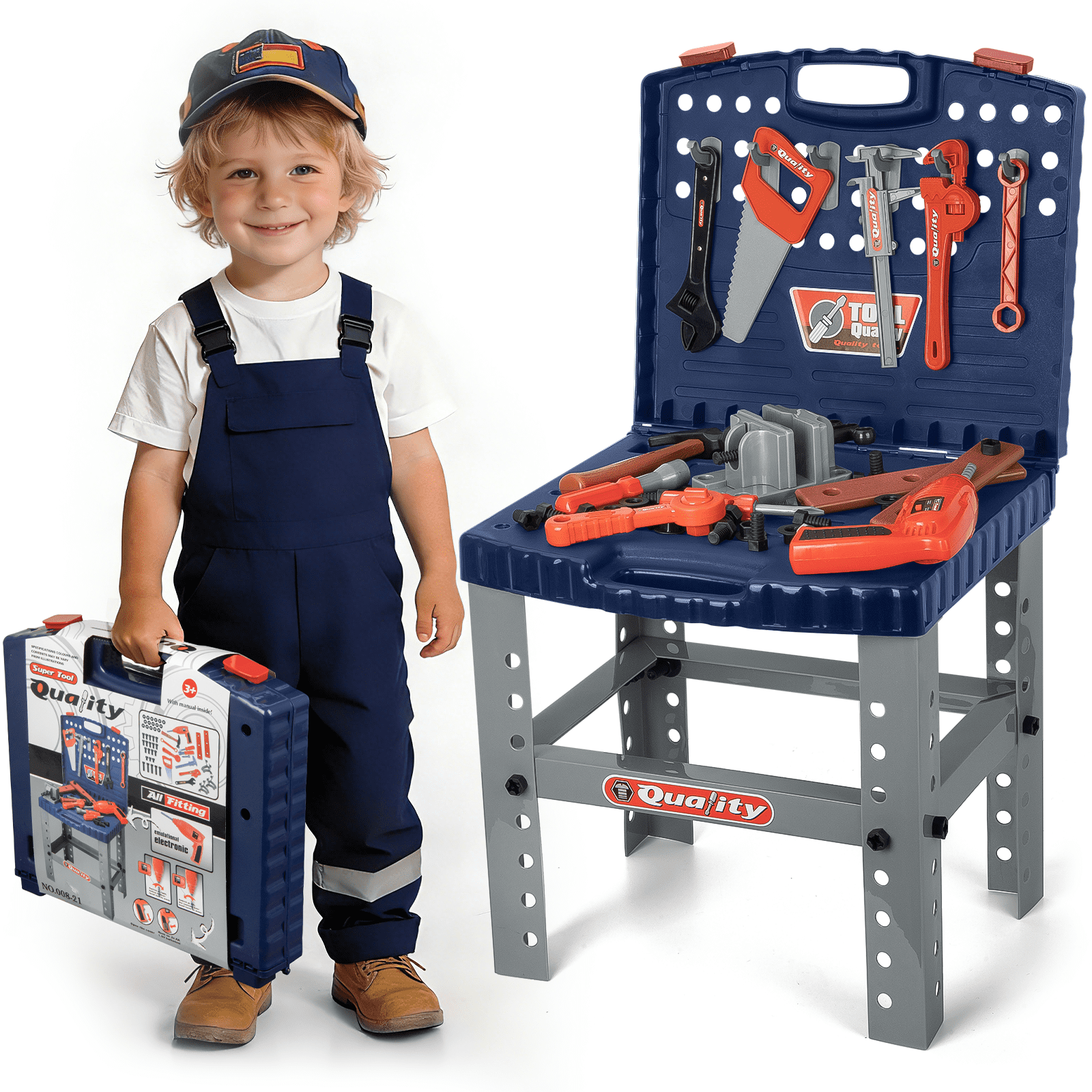 DAKOMM Kids Tool Bench Set with Electric Drill and Realistic Construction Accessories (Grey, 1 Set) 97cxl
