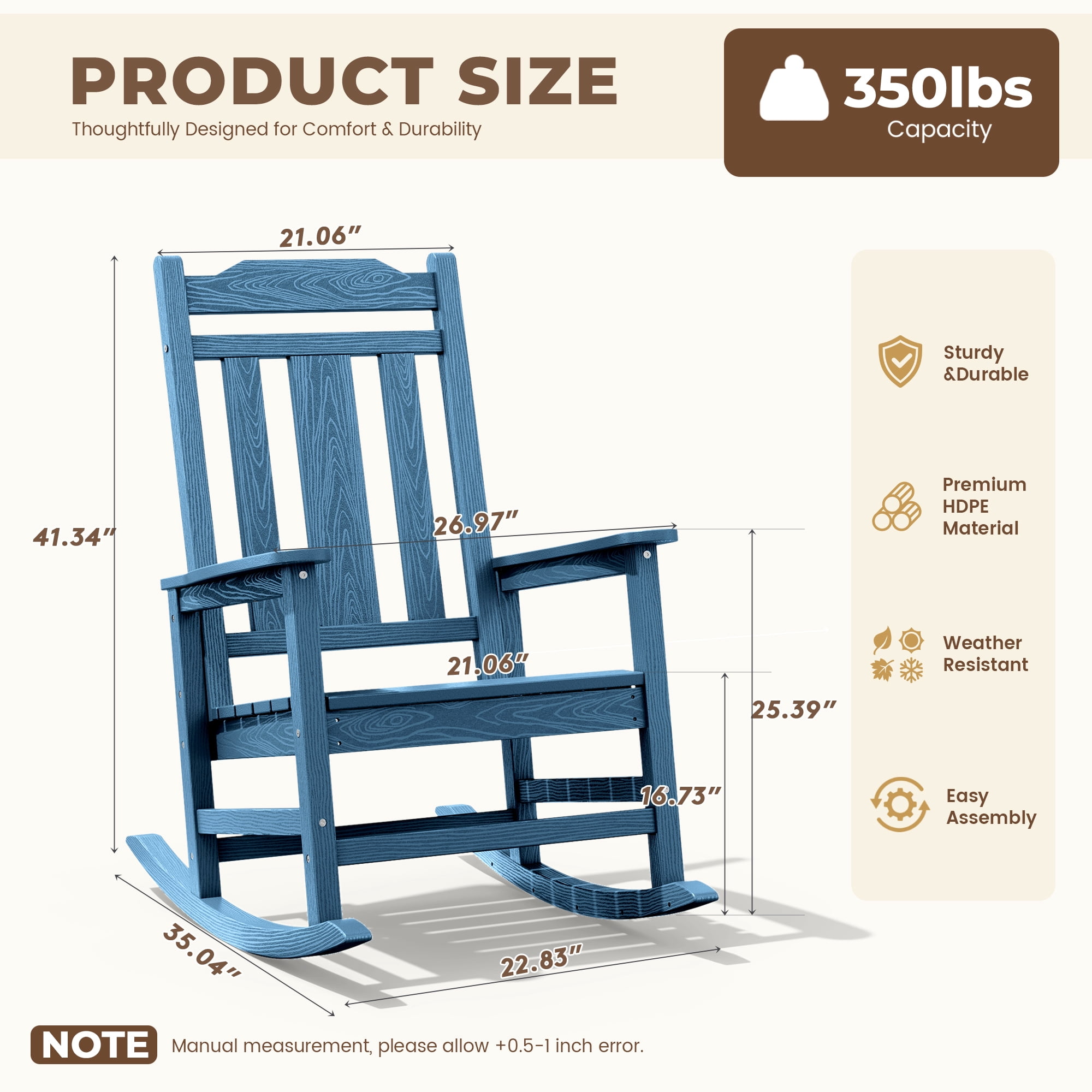 SERWALL Oversized Outdoor Rocking Chair, All-Weather HDPE Patio Rocker for Porch and Garden (Navy, 35 in D x 26.9 in W x 41.3 in H) b1i70