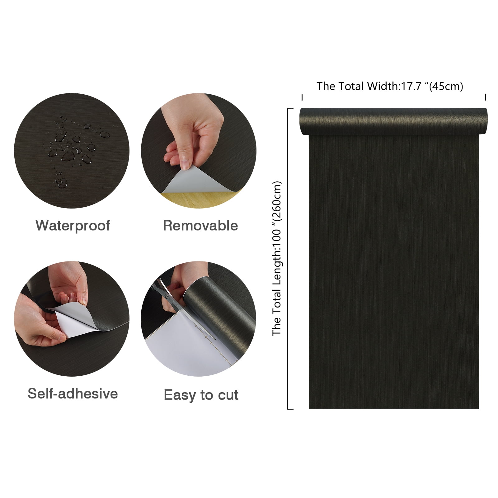 CHIHUT Peel and Stick Contact Paper, Waterproof Brushed Metallic Vinyl Wallpaper for Kitchen Countertops and Cabinets (Black, 17.7 in x 100 in) hcd8m