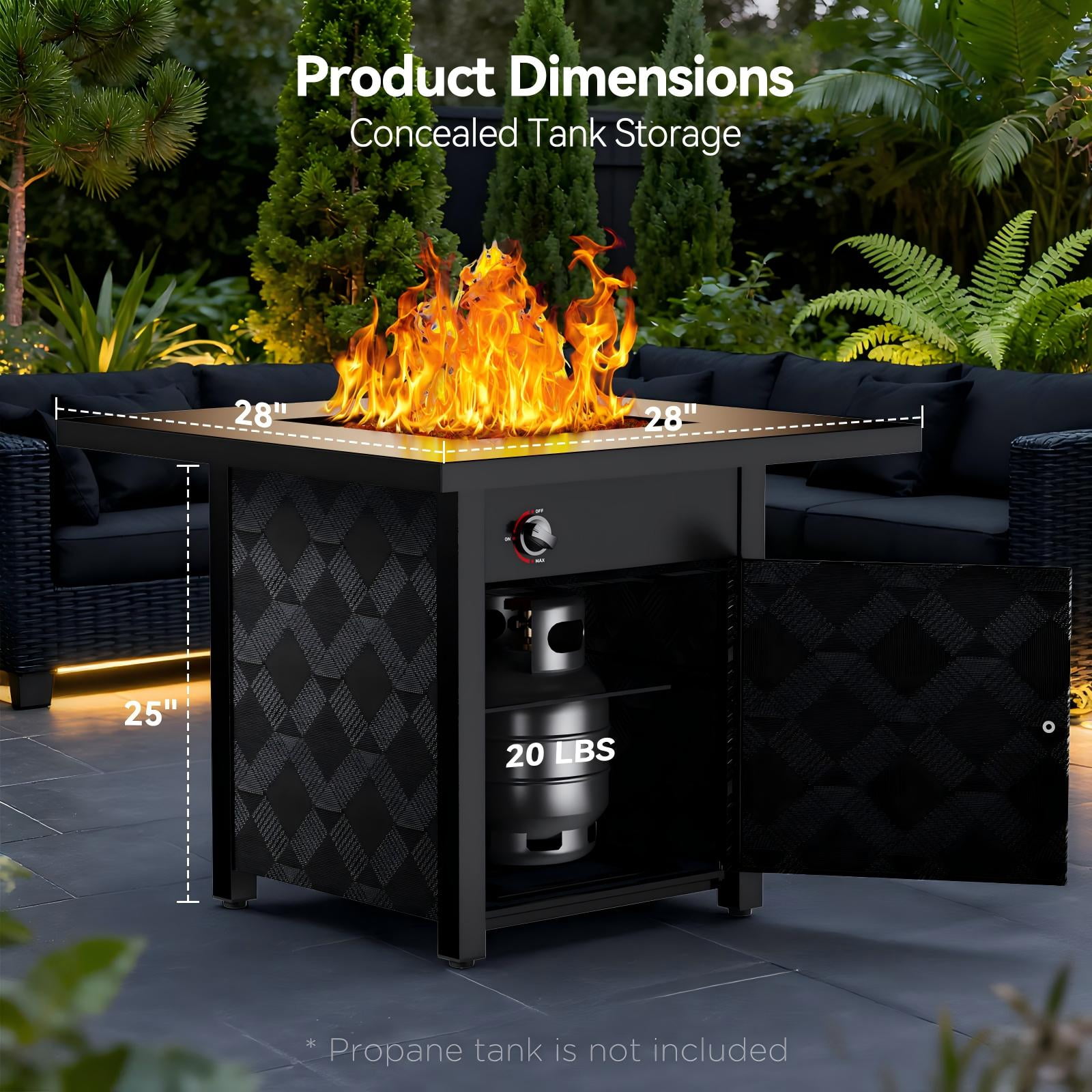 Philergo 28 in Propane Fire Pit Table, 50,000 BTU Square Gas Fire Pit with Removable Lid and Lava Rocks (Black, 28 in) f1rjx