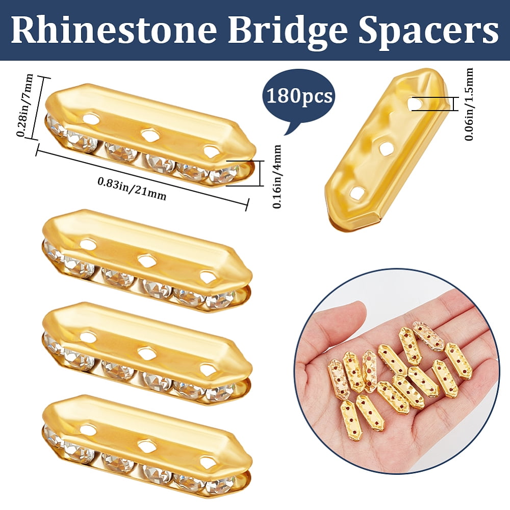 CRAFTYMELODY 3-Hole Rectangle Spacer Beads for Jewelry Making with Rhinestones (Gold, 180-Piece Set) mw197