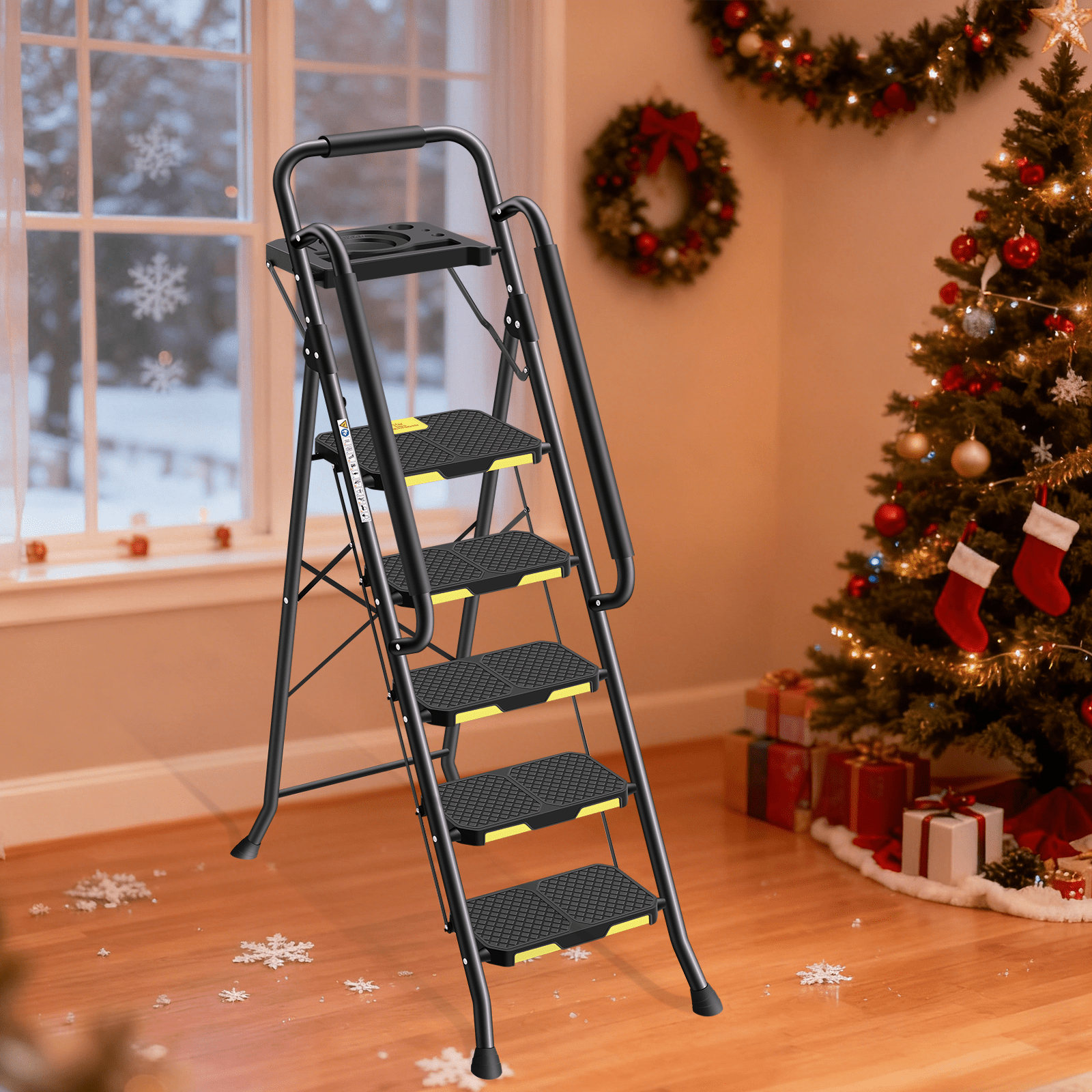 KINGRACK 5 Step Folding Ladder, Heavy-Duty Steel Step Stool with Tool Tray and Anti-Slip Pedals (Black, 800 lb Capacity) mvhq5
