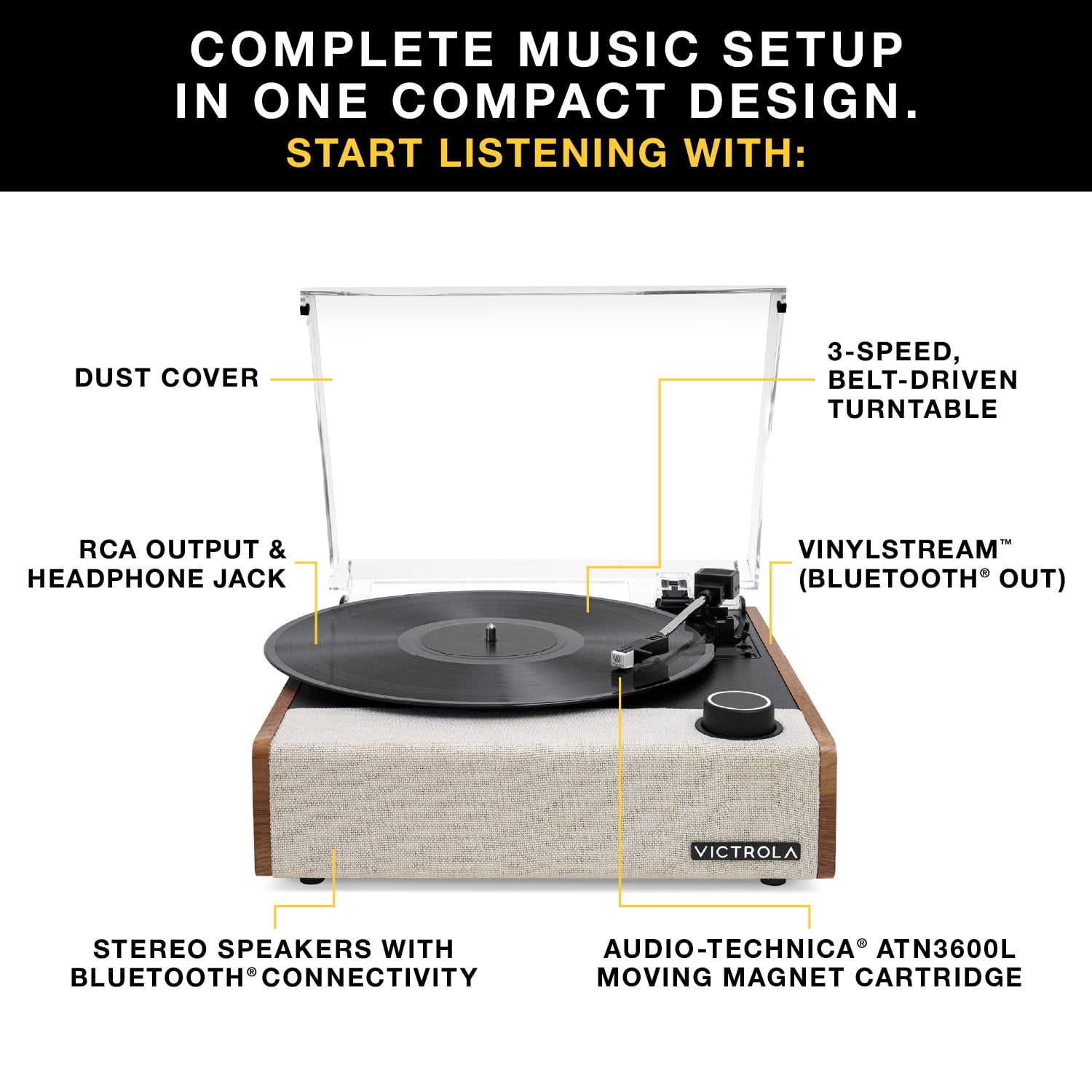 Victrola Eastwood II Bluetooth Record Player with 3-Speed Turntable (Black) tlz0k