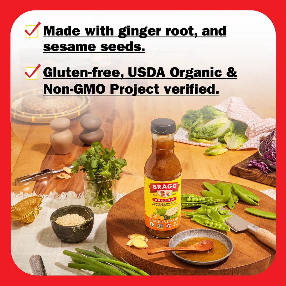 Bragg Organic Ginger Sesame Salad Dressing and Marinade with Apple Cider Vinegar (6 Pack, 12 fl oz) hycdz