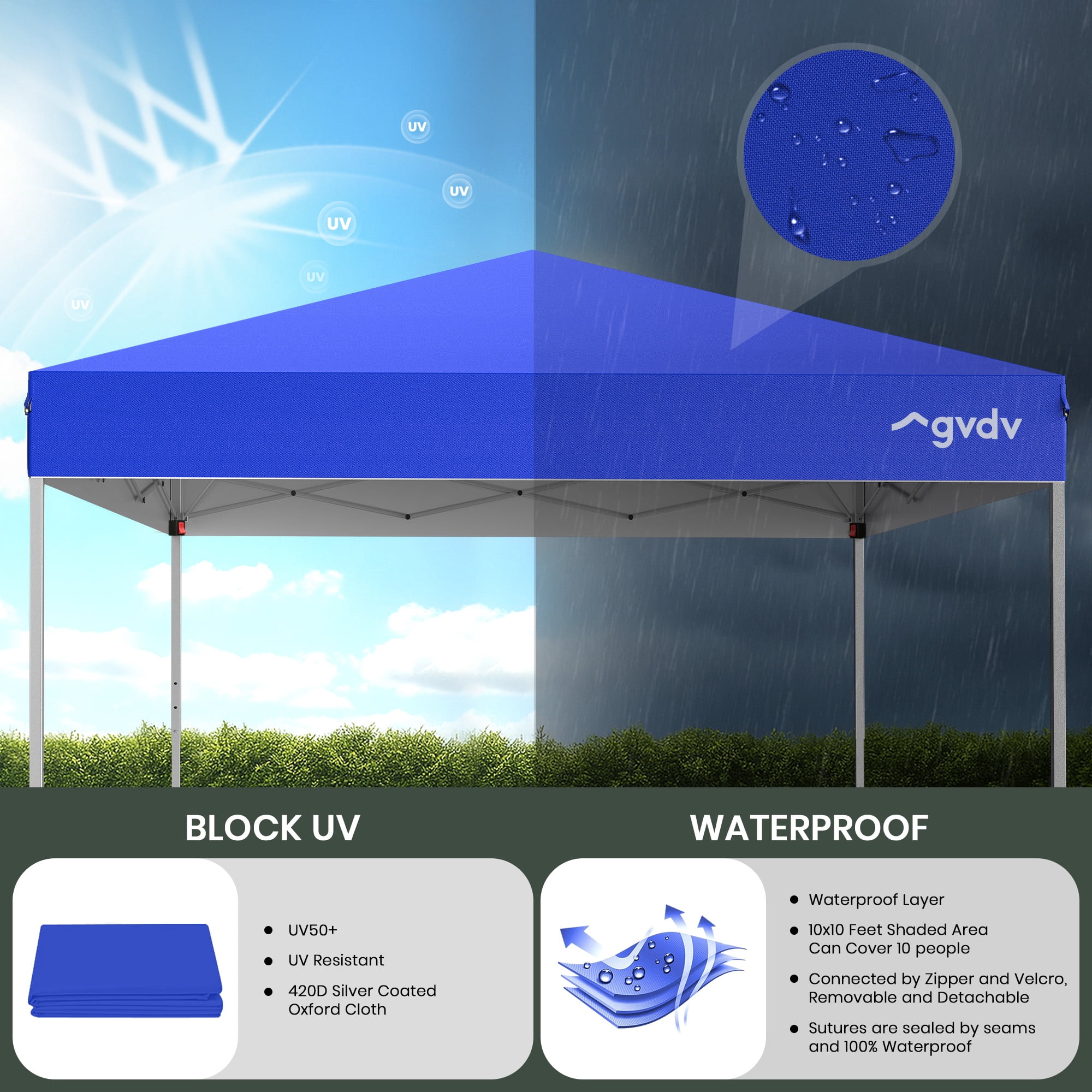 GVDV 10x10 ft Pop-up Canopy Tent, Heavy-Duty Outdoor Gazebo with Adjustable Height (Blue, 10x10 ft) k4s2a