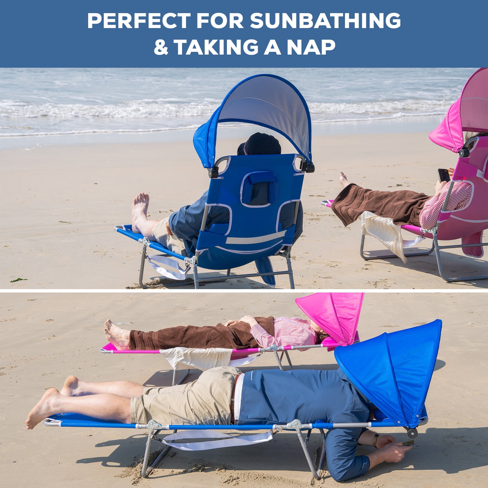 SUNSPIRE Folding Beach Lounge Chair with Canopy, Portable Reclining Sun Lounger with Face Hole and Side Pocket (Blue) e7mk6