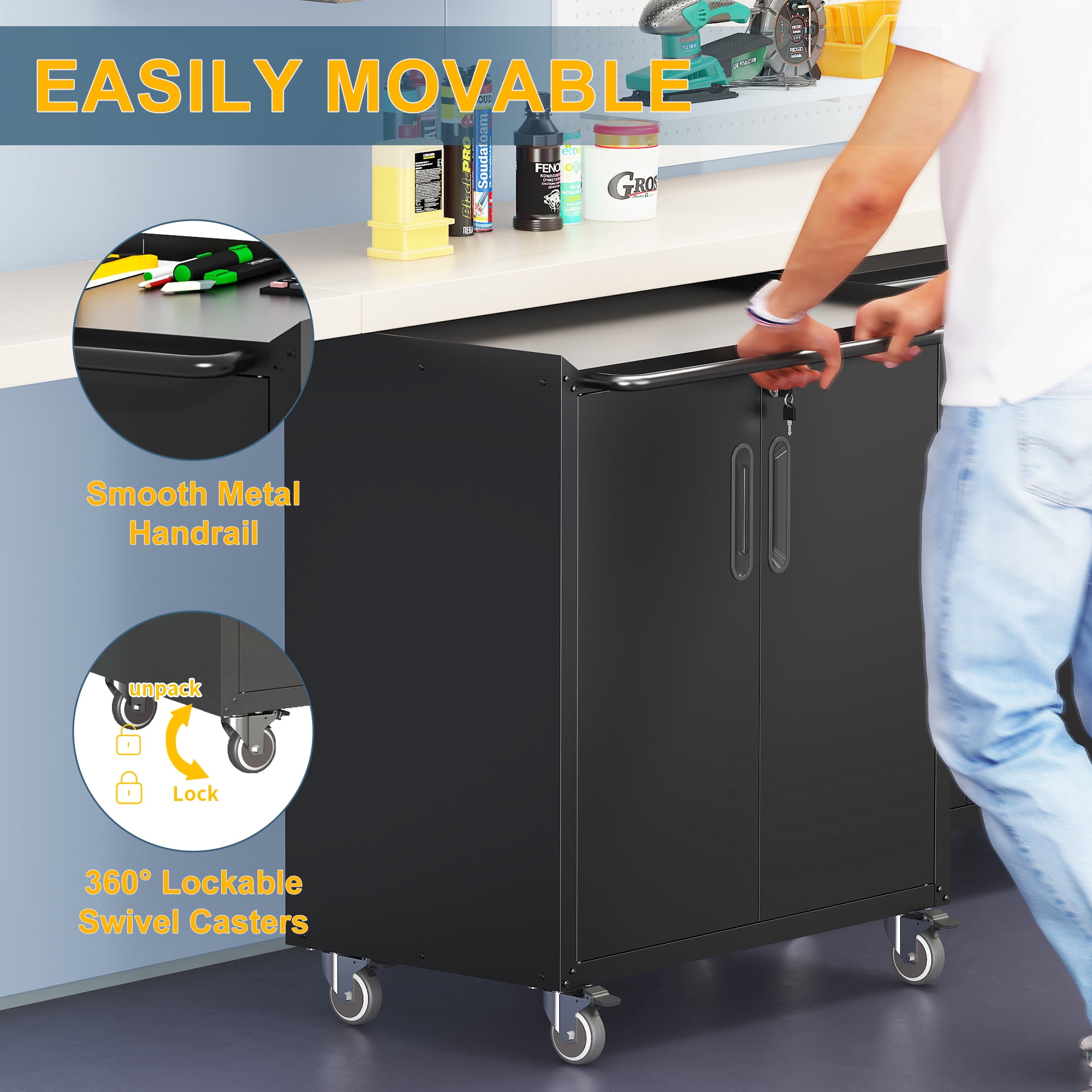 IKIMI 8-Piece Heavy Duty Garage Cabinet System with Workbench, Lockable Steel Storage Cabinets (Black, 8-Piece Set) ysc7z