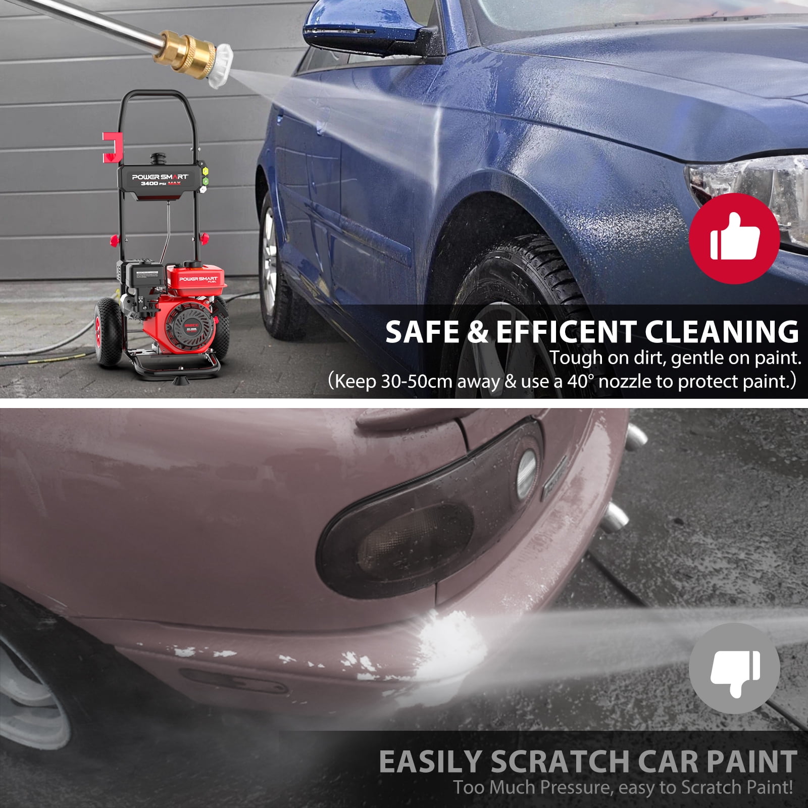 PowerSmart Gas Pressure Washer, 3400 PSI 2.5 GPM Heavy-Duty Cleaning Machine (212cc, 10 in Wheels) 5a8u7
