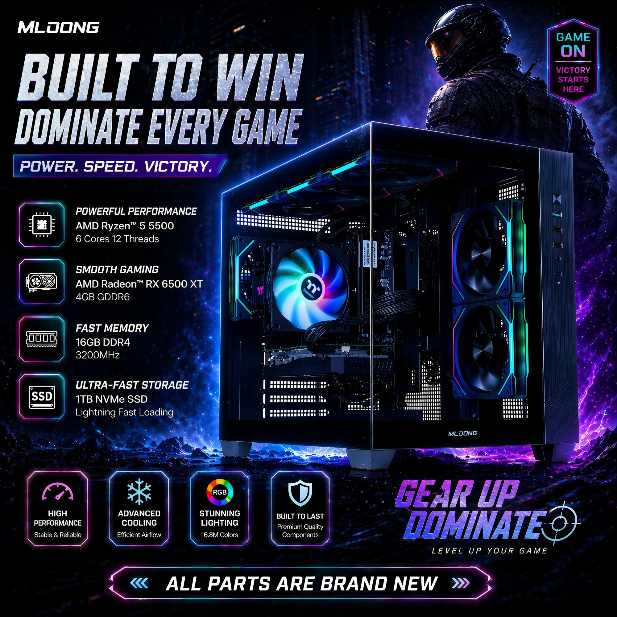 Mloong Gaming Desktop PC (AMD Ryzen 5 5500, Radeon RX 6500 XT 4GB, 16GB RAM, 500GB SSD, Windows 11, Black) 2qjkb