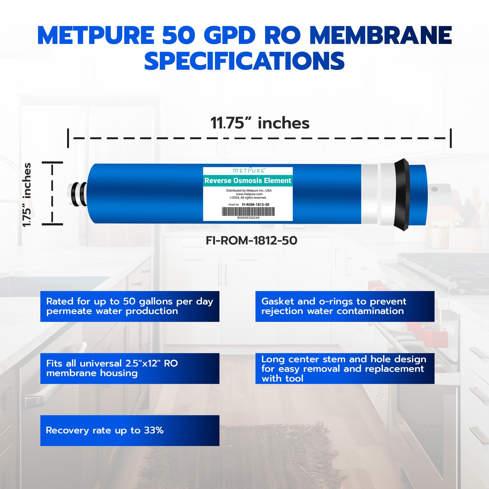 Metpure Reverse Osmosis Membrane Filter 50 GPD High-Efficiency Replacement (11.75 in x 1.75 in) ejs63