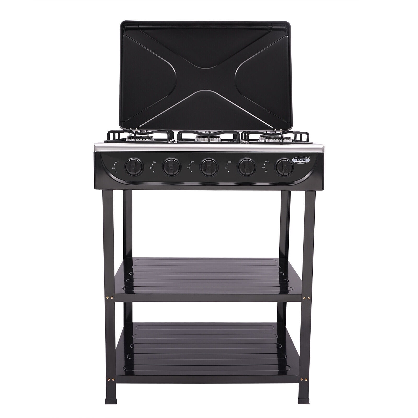 Generic 5-Burner Gas Stove Outdoor Camping BBQ Grill with 2-Tier Storage Rack (Black) g36xu