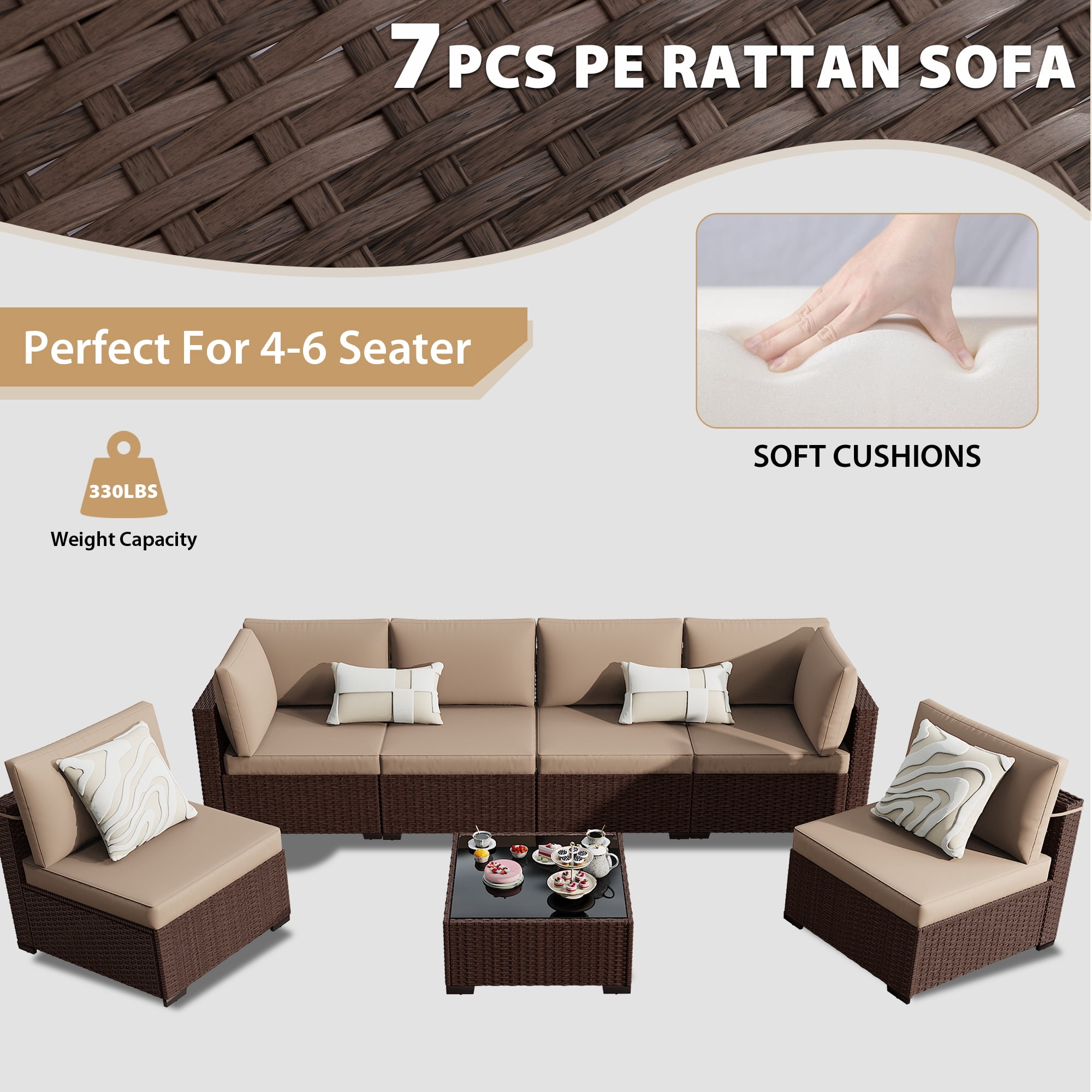 Kigoty 7-Piece Outdoor Patio Furniture Set, Wicker Rattan Sectional Sofa with Coffee Table (Brown, 7-Piece) qv5be