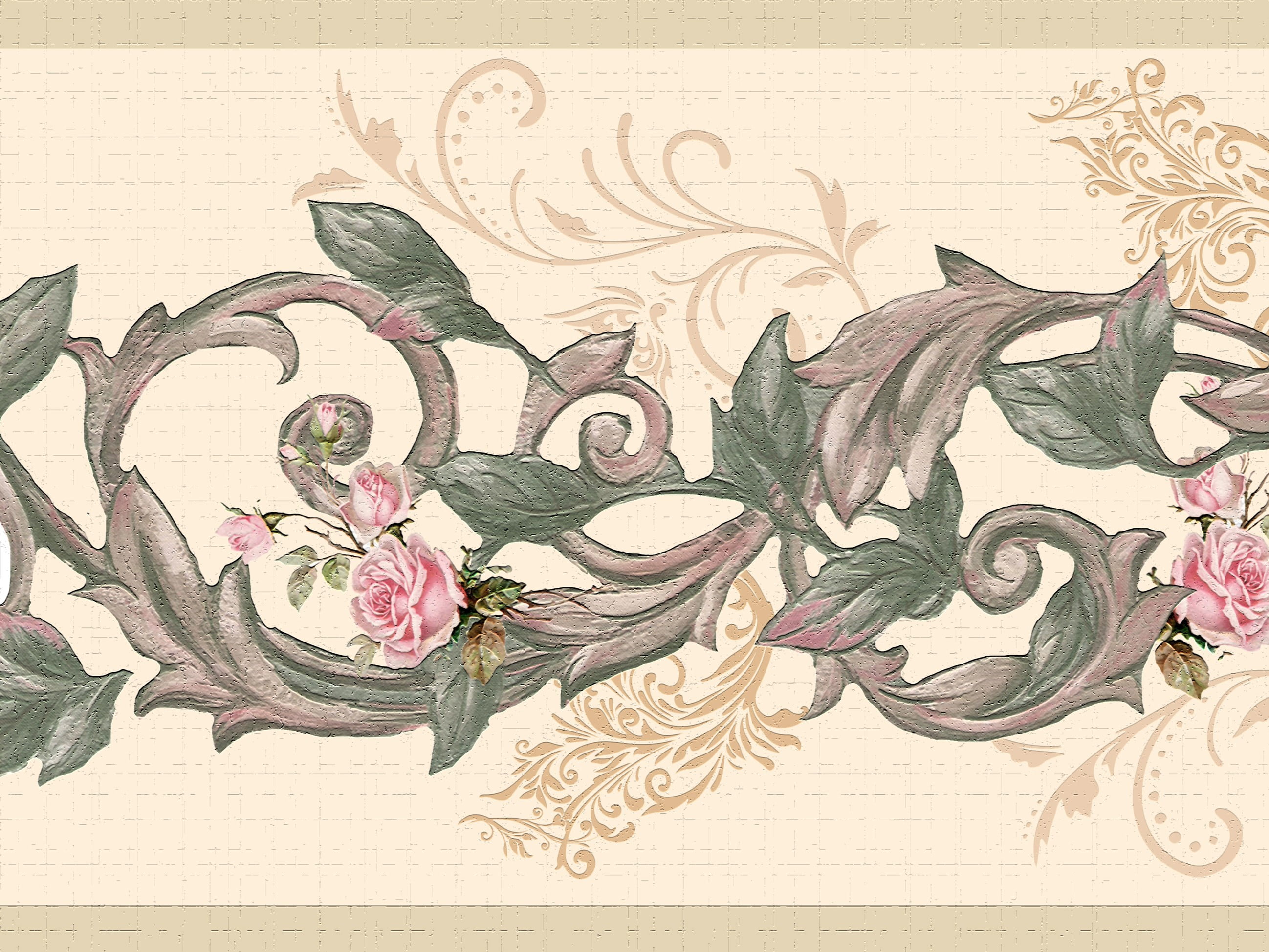 Dundee Deco Peel and Stick Wallpaper Border, Floral Green and Pink Vines Retro Wall Decor (15 ft x 7 in) 3chd9