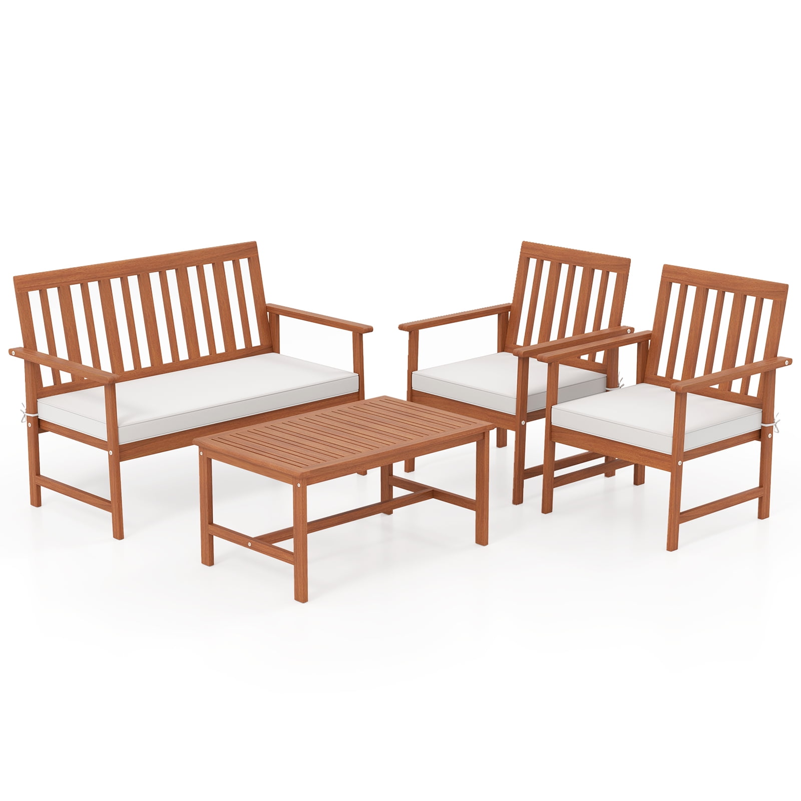 Gymax 4-Piece Acacia Wood Patio Conversation Set with Cushions (White, 4-Piece Set) zioc6