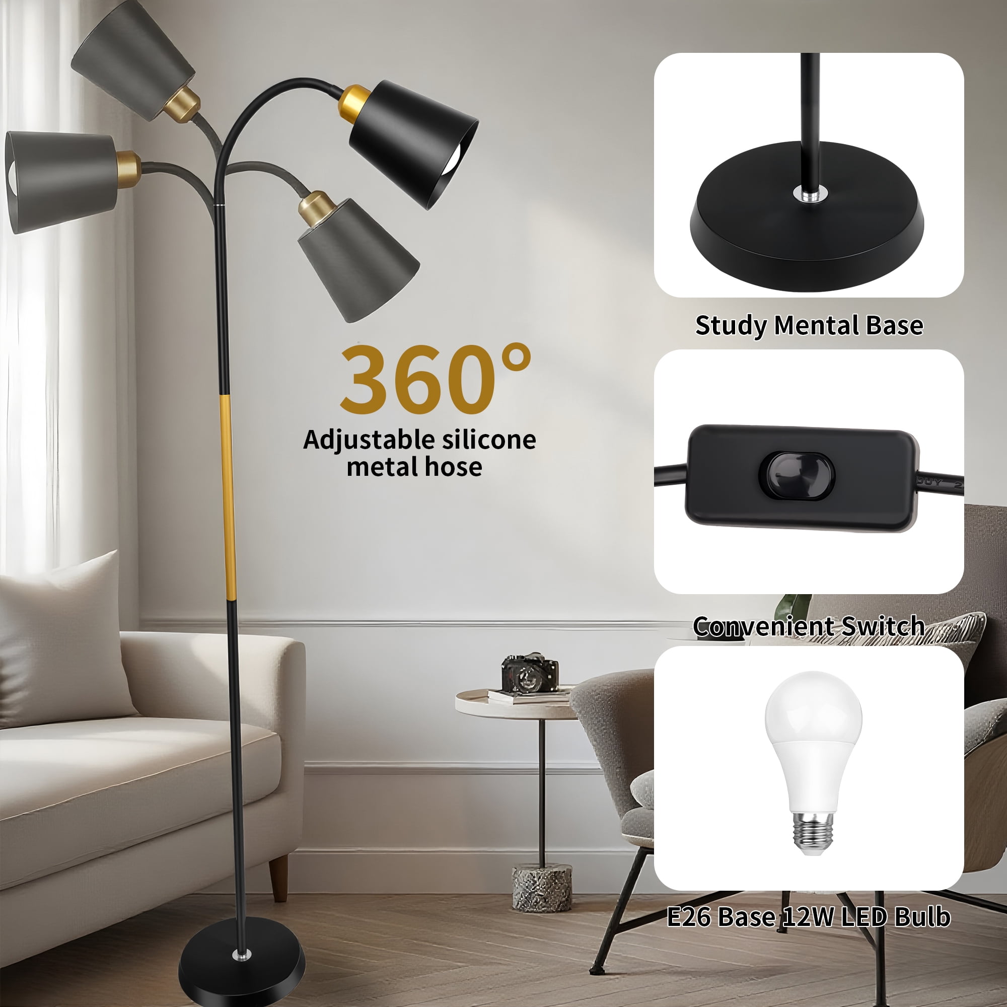 Meromore Adjustable Gooseneck Floor Lamp for Living Room with 3-Color LED Bulb (60 in) rus79