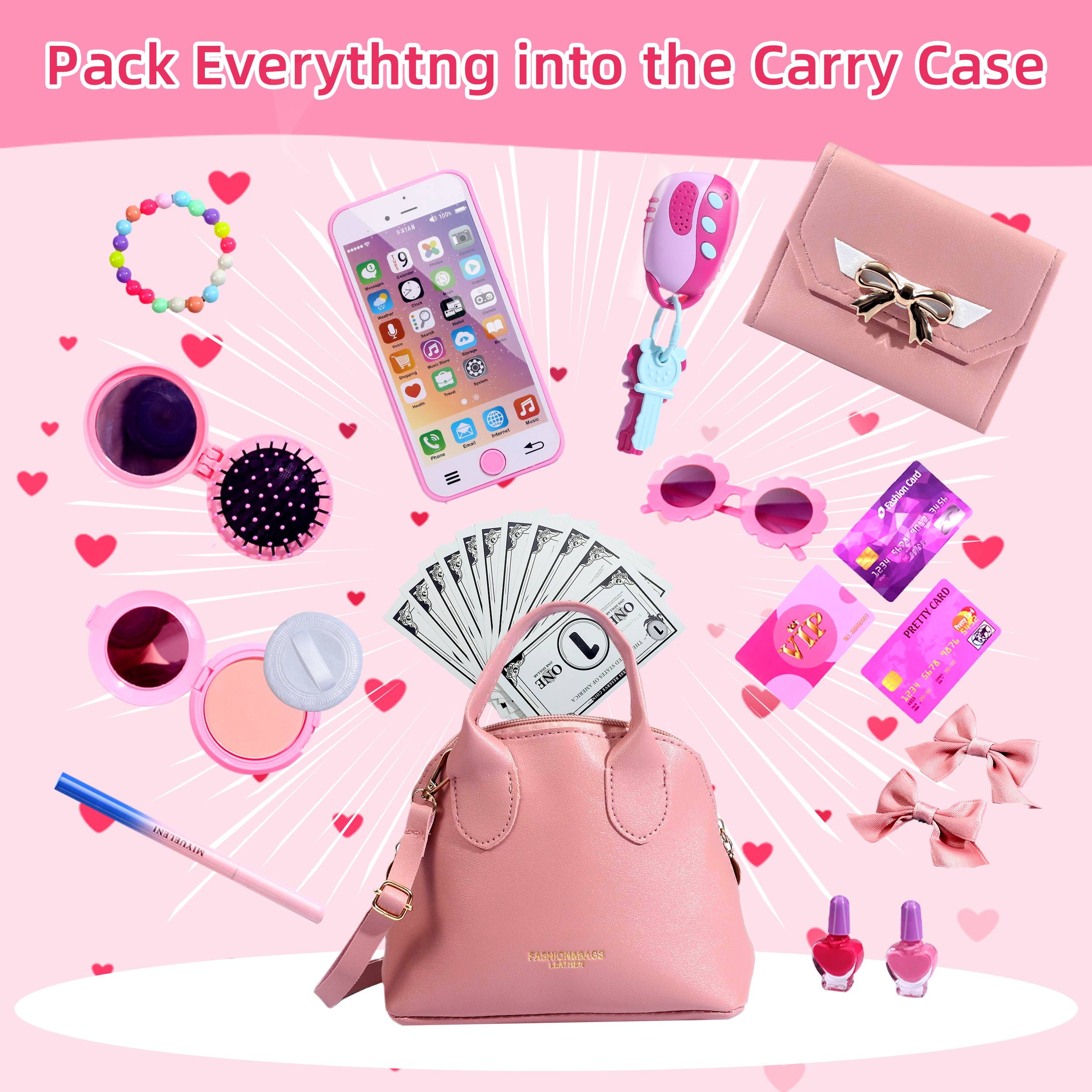 TiokMc Princess Play Purse Set, Pretend Makeup and Fashion Accessories for Kids (Pink, 31-Piece) qjp2q