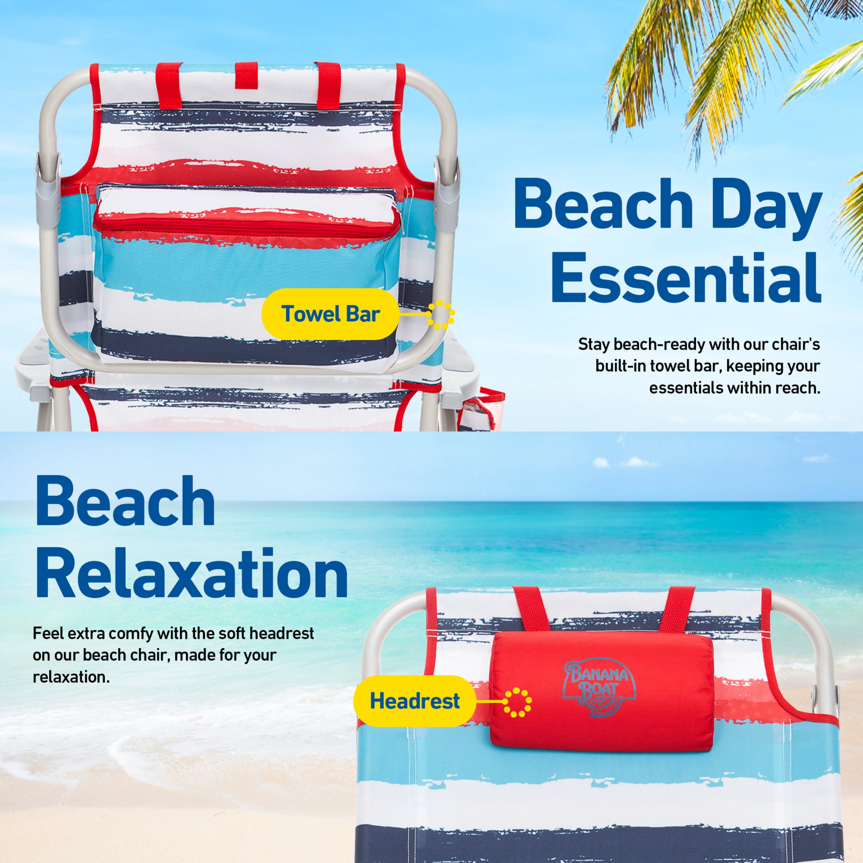 Banana Boat Backpack Beach Chair, Lightweight Aluminum Folding Chair with 5-Position Recline, Headrest, and Insulated Pocket (Red, 2 Pack) auy7n