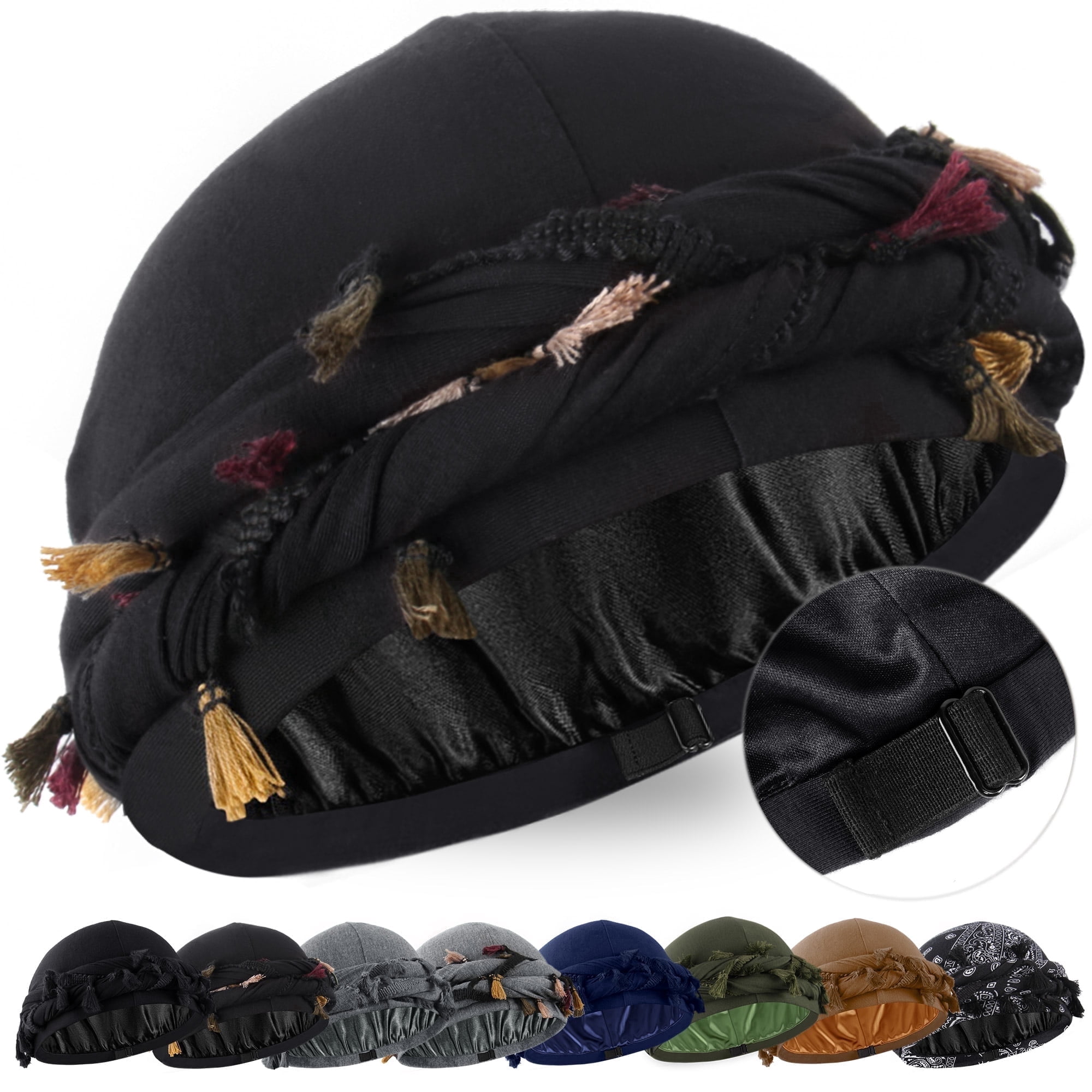 Ababalaya Adjustable Satin Lined Halo Turban Head Wrap with Tassel Tie (Black, 21.2-24.4 in) 5qf6m
