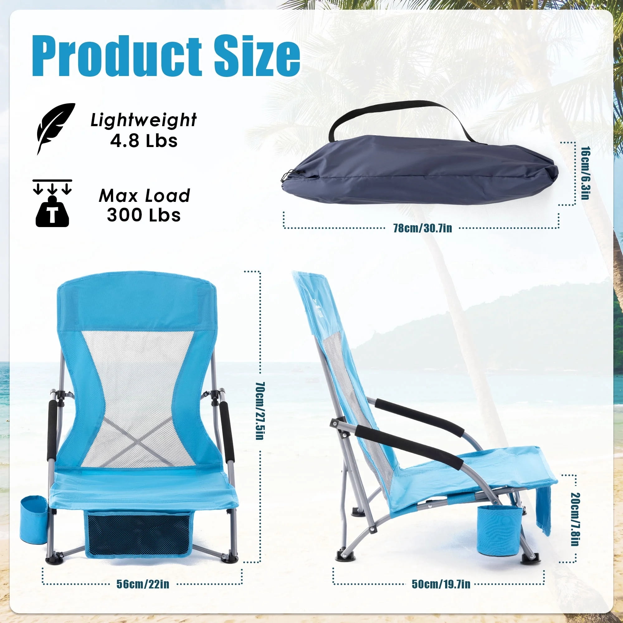 Umineux Folding Beach Chair for Adults, Portable Lightweight Outdoor Seat with Cup Holder (Light Blue, 22 in x 19.7 in x 27.5 in) tuui1