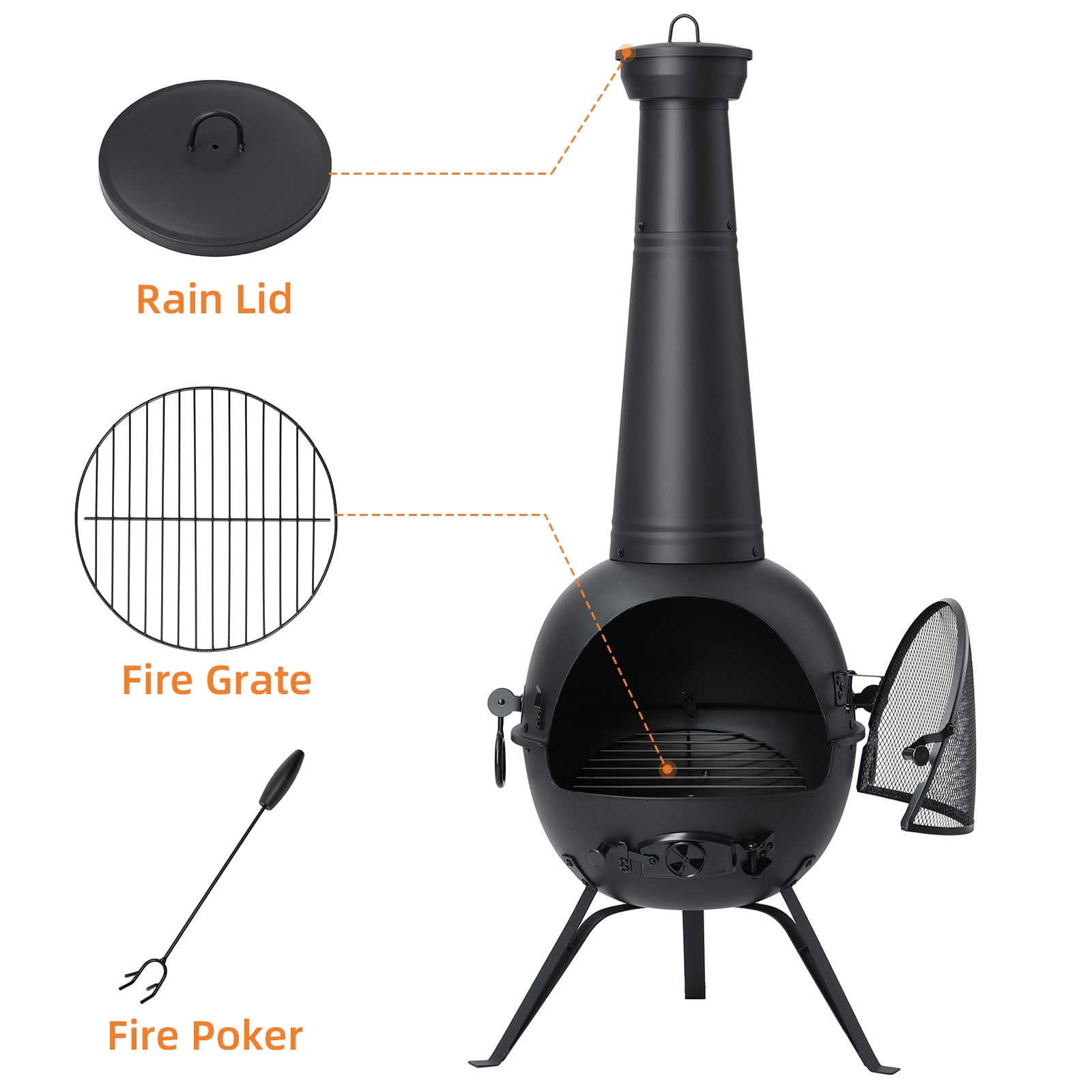 SinglyFire Outdoor Wood Burning Chiminea Fire Pit with Rain Cover and Mesh Door (Black, 54.5 in) x97fi