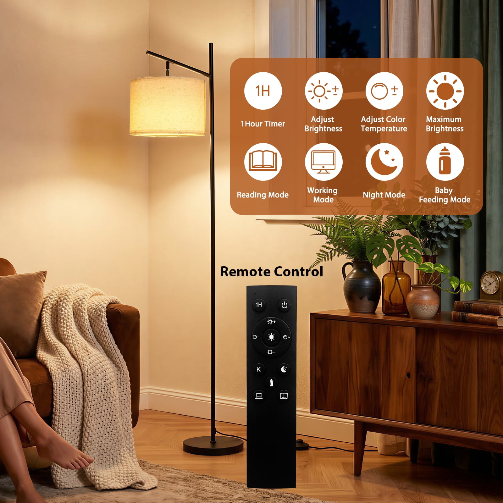 LZNIOZ Modern LED Floor Lamp with Remote Control, Dimmable Standing Light with Fabric Drum Shade (Black, 64 in) at4bc