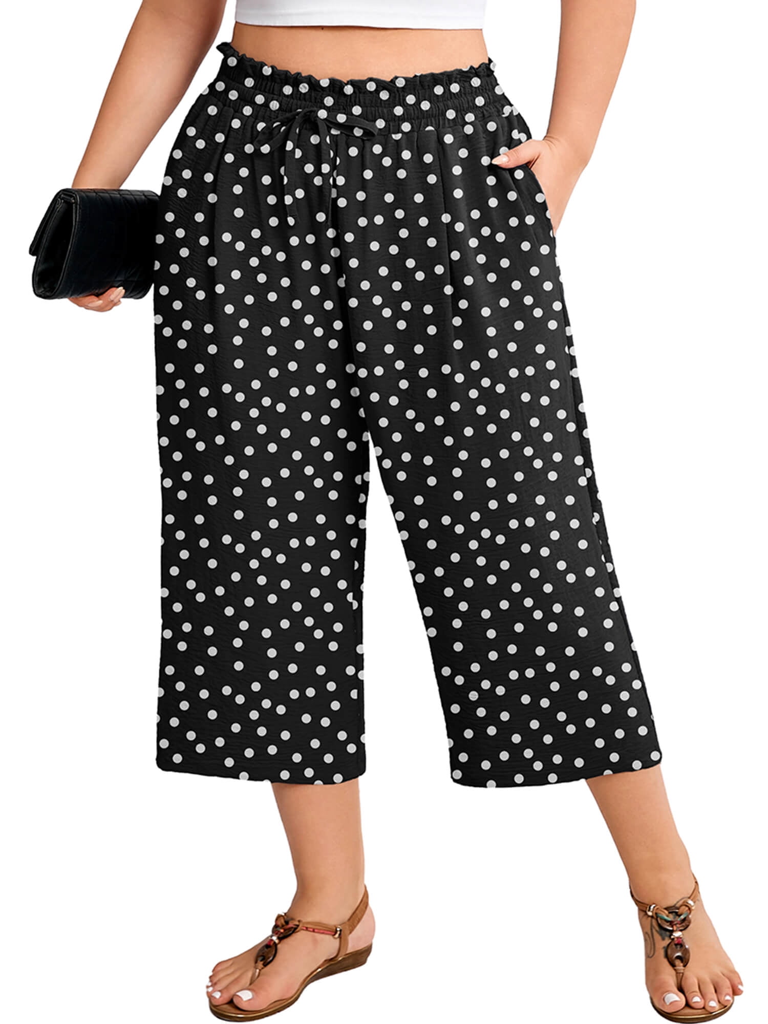Showmall Women's Plus Size High Waisted Cropped Pants with Pockets (Black, 4X) zix8b